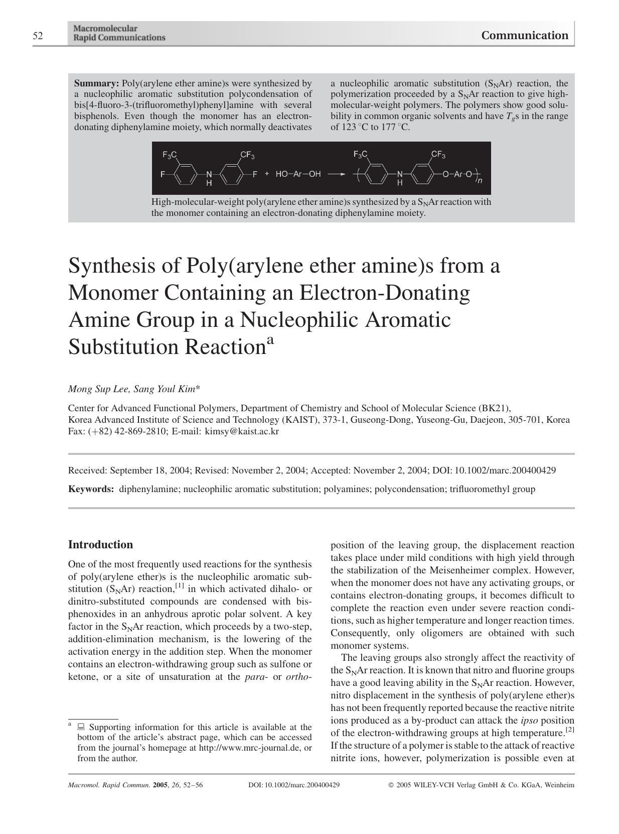 Synthesis of Poly(arylene ether amine)s from a Monomer Containing an Electron-Donating Amine Group in a Nucleophilic Aromatic Substitution Reaction by Unknown