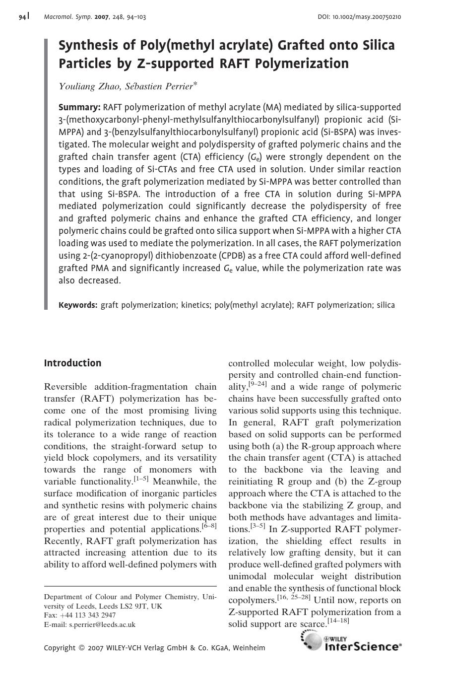 Synthesis of Poly(methyl acrylate) Grafted onto Silica Particles by Z-supported RAFT Polymerization by Unknown