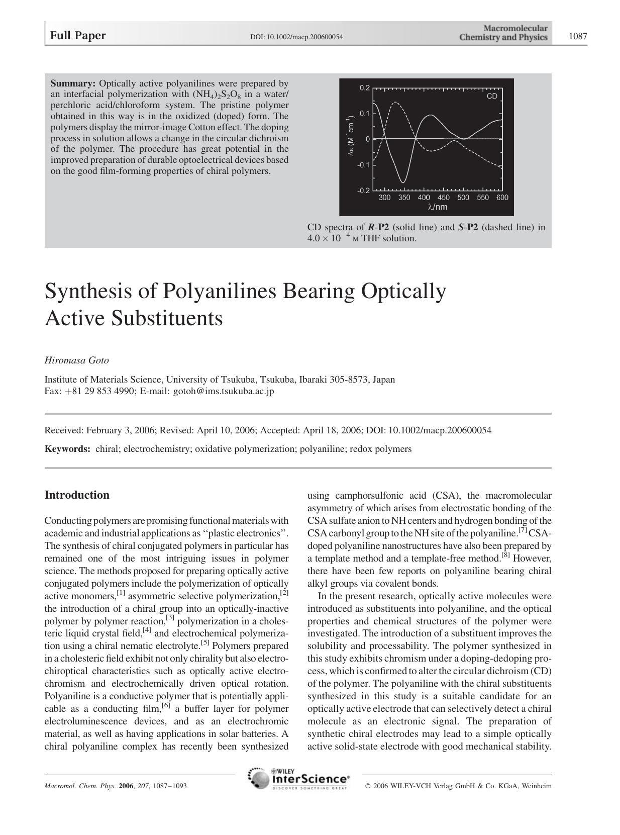 Synthesis of Polyanilines Bearing Optically Active Substituents by Unknown