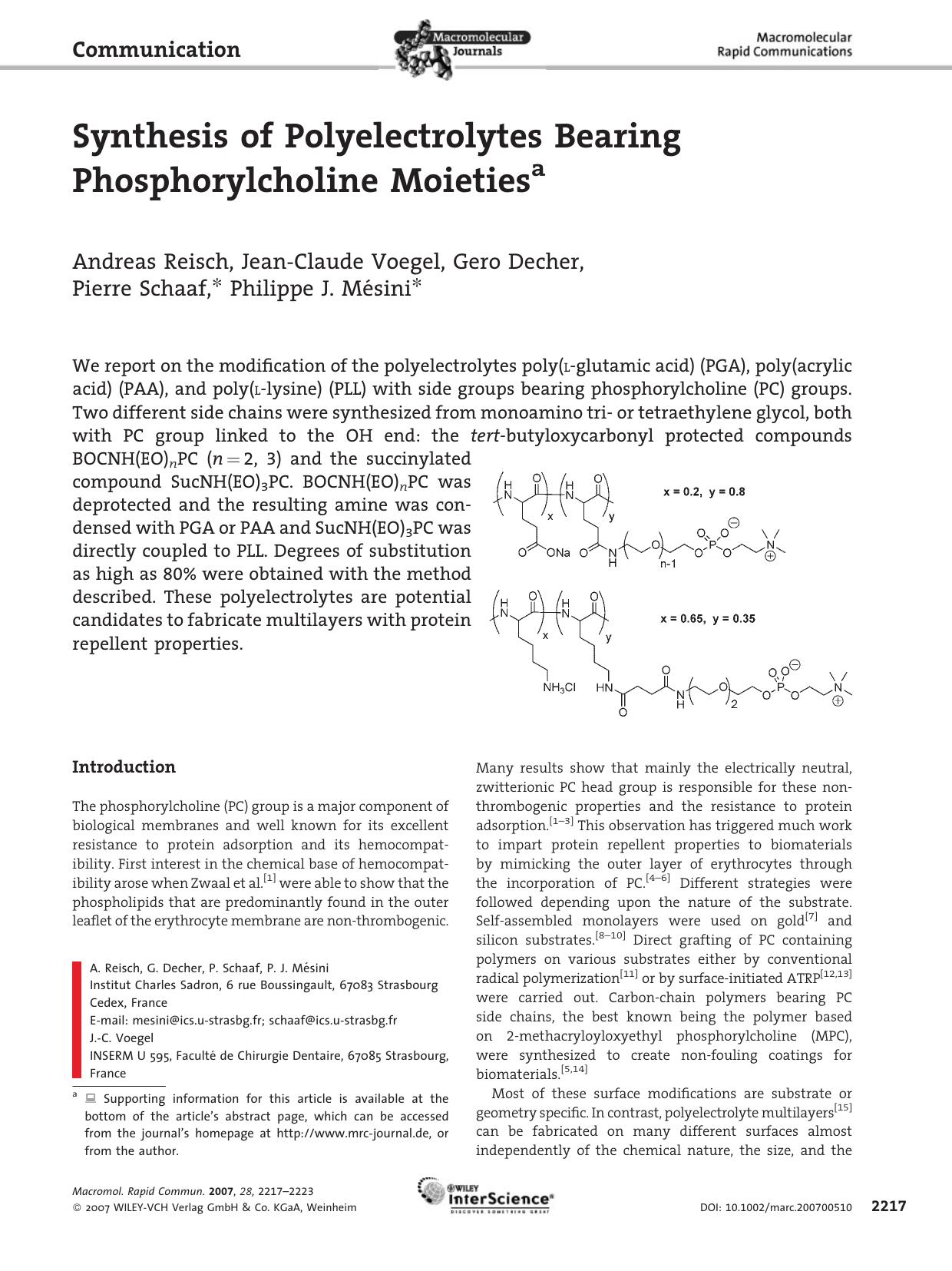 Synthesis of Polyelectrolytes Bearing Phosphorylcholine Moieties by Unknown