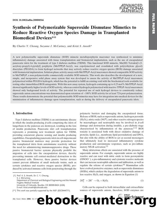 Synthesis of Polymerizable Superoxide Dismutase Mimetics to Reduce Reactive Oxygen Species Damage in Transplanted Biomedical Devices by Unknown