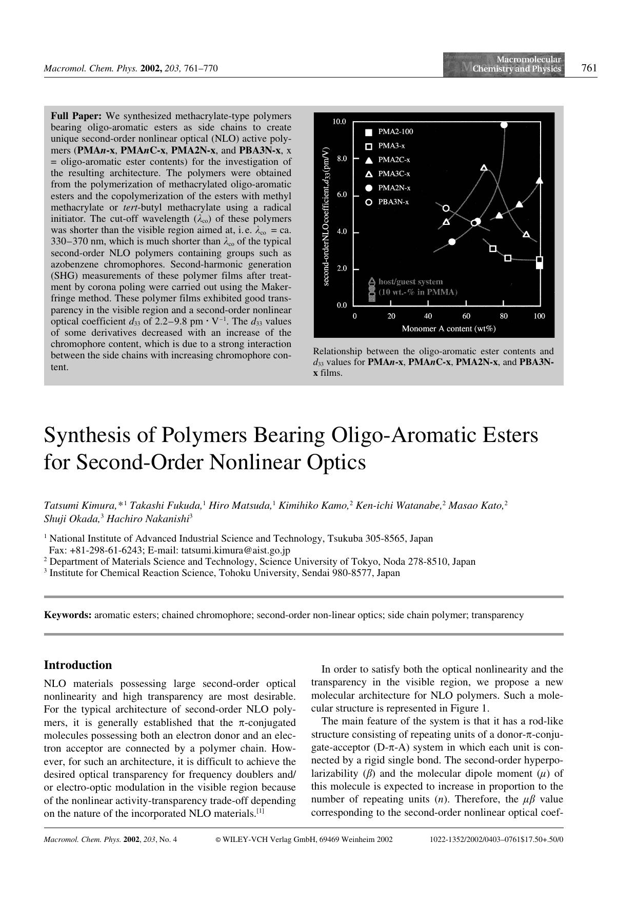 Synthesis of Polymers Bearing Oligo-Aromatic Esters for Second-Order Nonlinear Optics by unknow