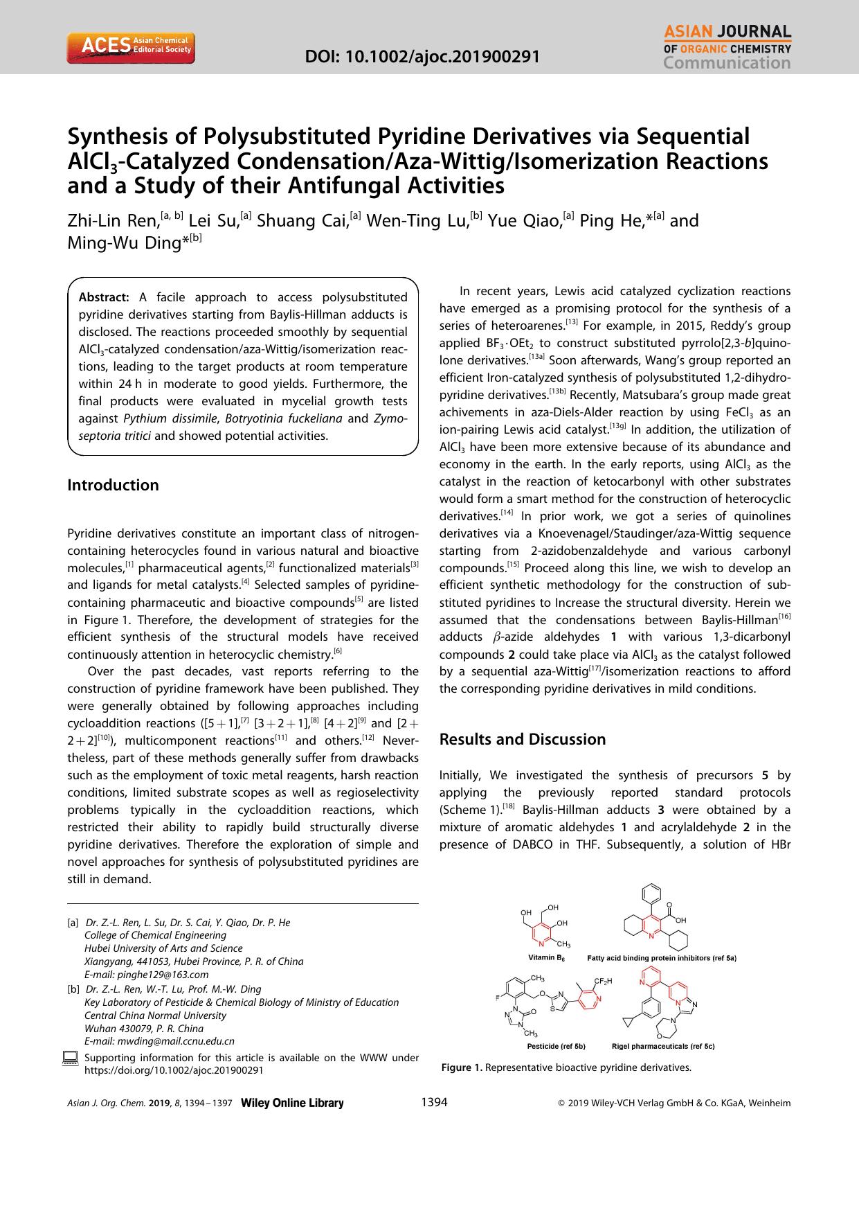 Synthesis of Polysubstituted Pyridine Derivatives via Sequential AlCl3âCatalyzed CondensationAzaâWittigIsomerization Reactions and a Study of their Antifungal Activities by Unknown