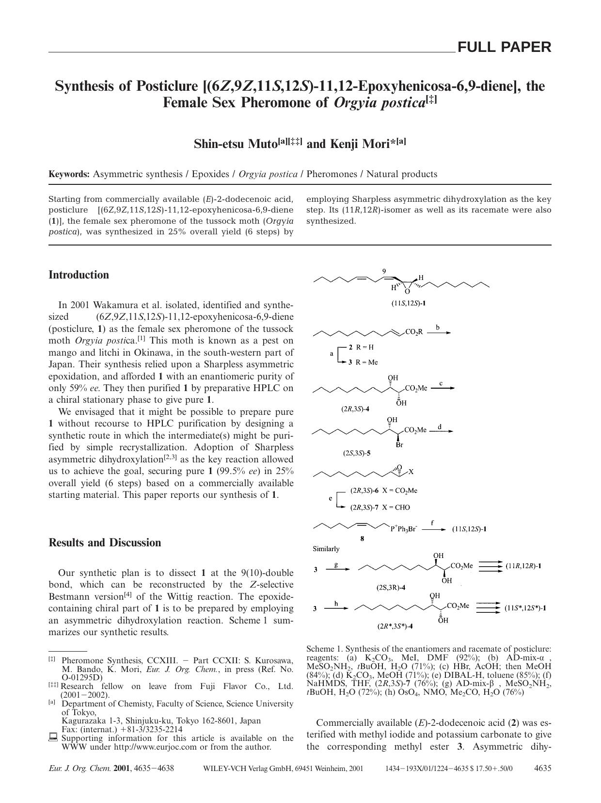 Synthesis of Posticlure [(6Z,9Z,11S,12S)-11,12-Epoxyhenicosa-6,9-diene], the Female Sex Pheromone of Orgyia postica by Unknown