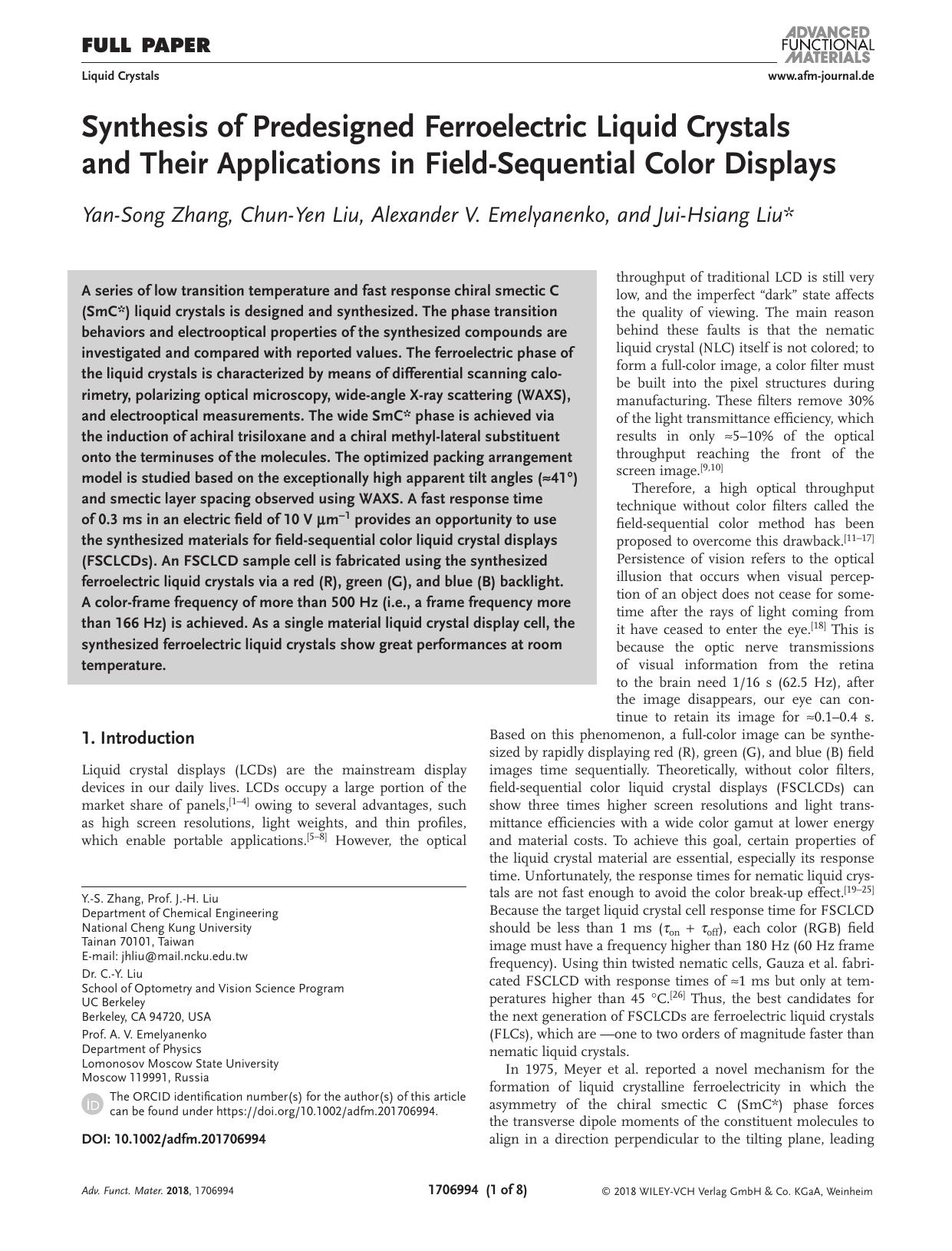 Synthesis of Predesigned Ferroelectric Liquid Crystals and Their Applications in Field‐Sequential Color Displays by Unknown