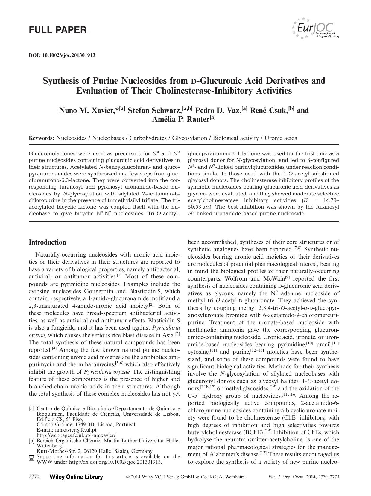 Synthesis of Purine Nucleosides from DGlucuronic Acid Derivatives and Evaluation of Their CholinesteraseInhibitory Activities by Unknown
