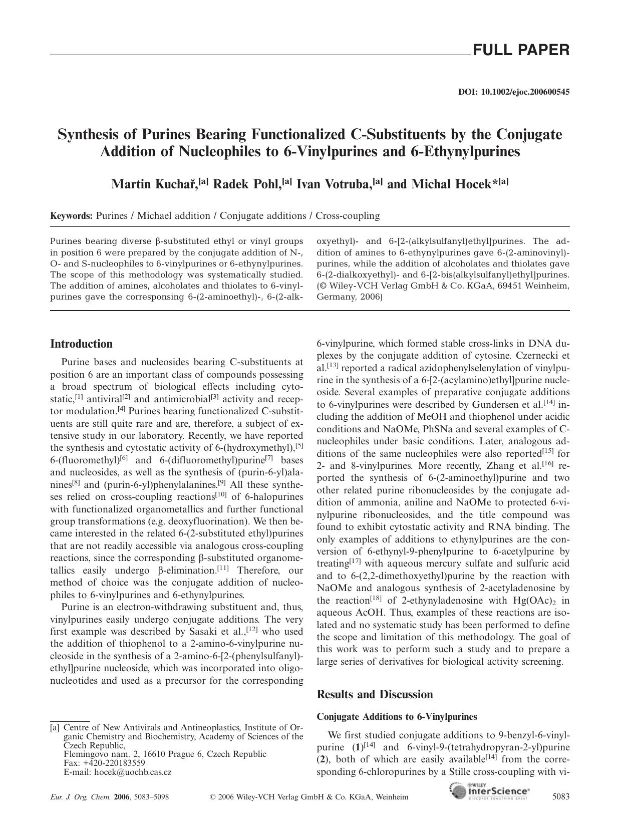 Synthesis of Purines Bearing Functionalized C-Substituents by the Conjugate Addition of Nucleophiles to 6-Vinylpurines and 6-Ethynylpurines by Unknown