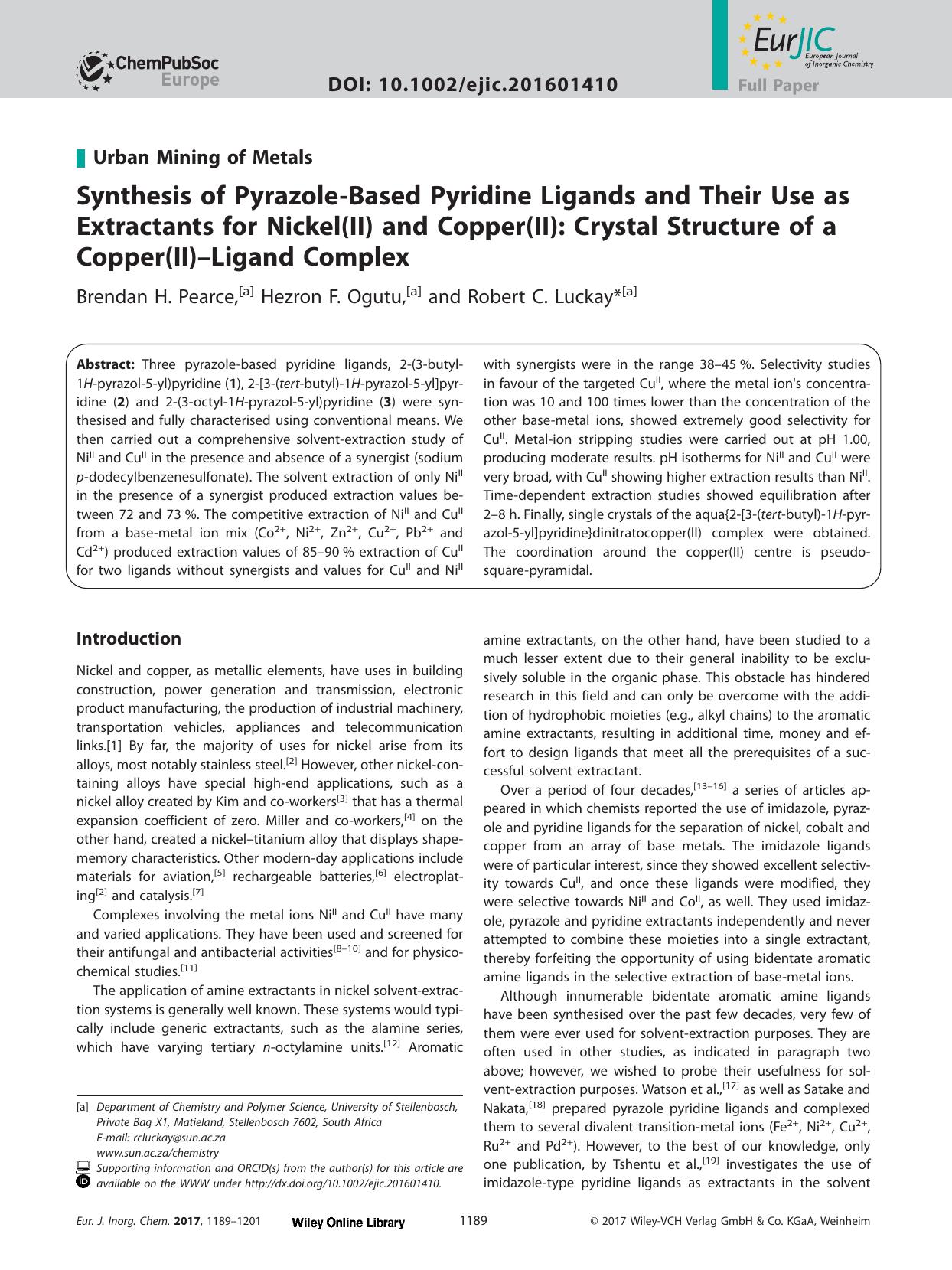 Synthesis of Pyrazole‐Based Pyridine Ligands and Their Use as Extractants for Nickel(II) and Copper(II): Crystal Structure of a Copper(II)–Ligand Complex by Unknown
