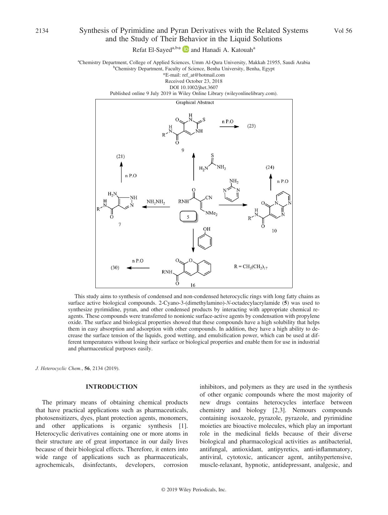 Synthesis of Pyrimidine and Pyran Derivatives with the Related Systems and the Study of Their Behavior in the Liquid Solutions by Refat El-Sayed & Hanadi A. Katouah