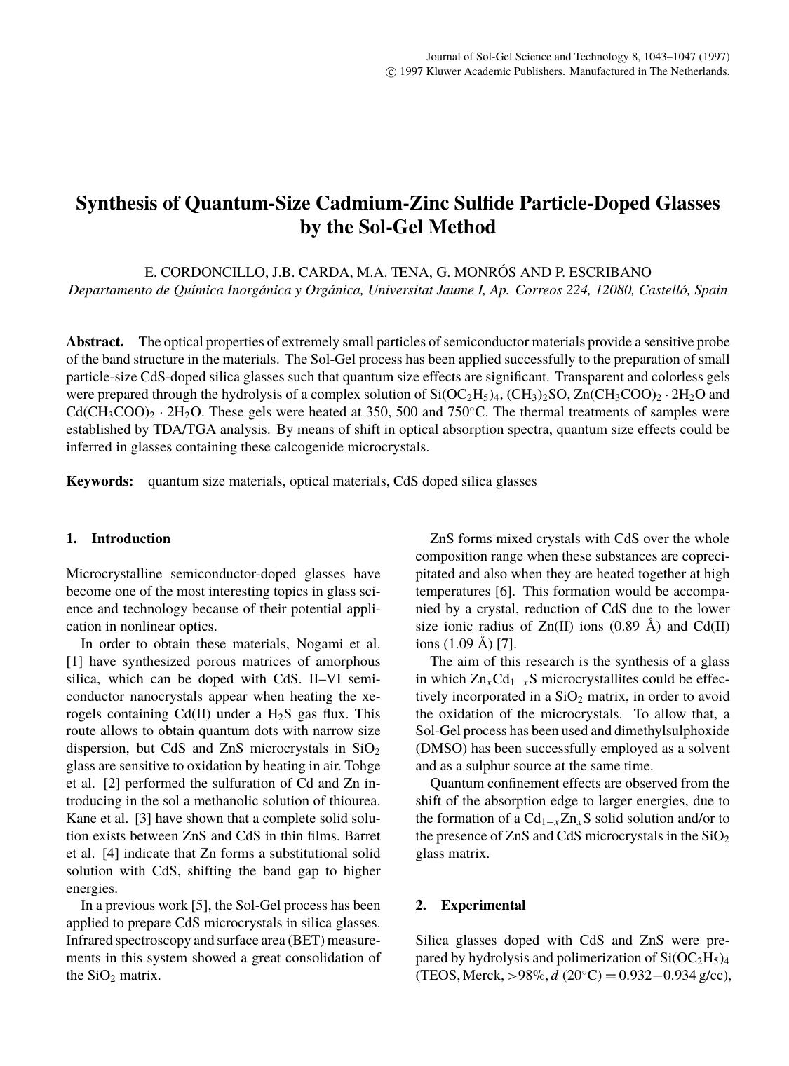 Synthesis of Quantum-Size Cadmium-Zinc Sulfide Particle-Doped Glasses by the Sol-Gel Method by Unknown