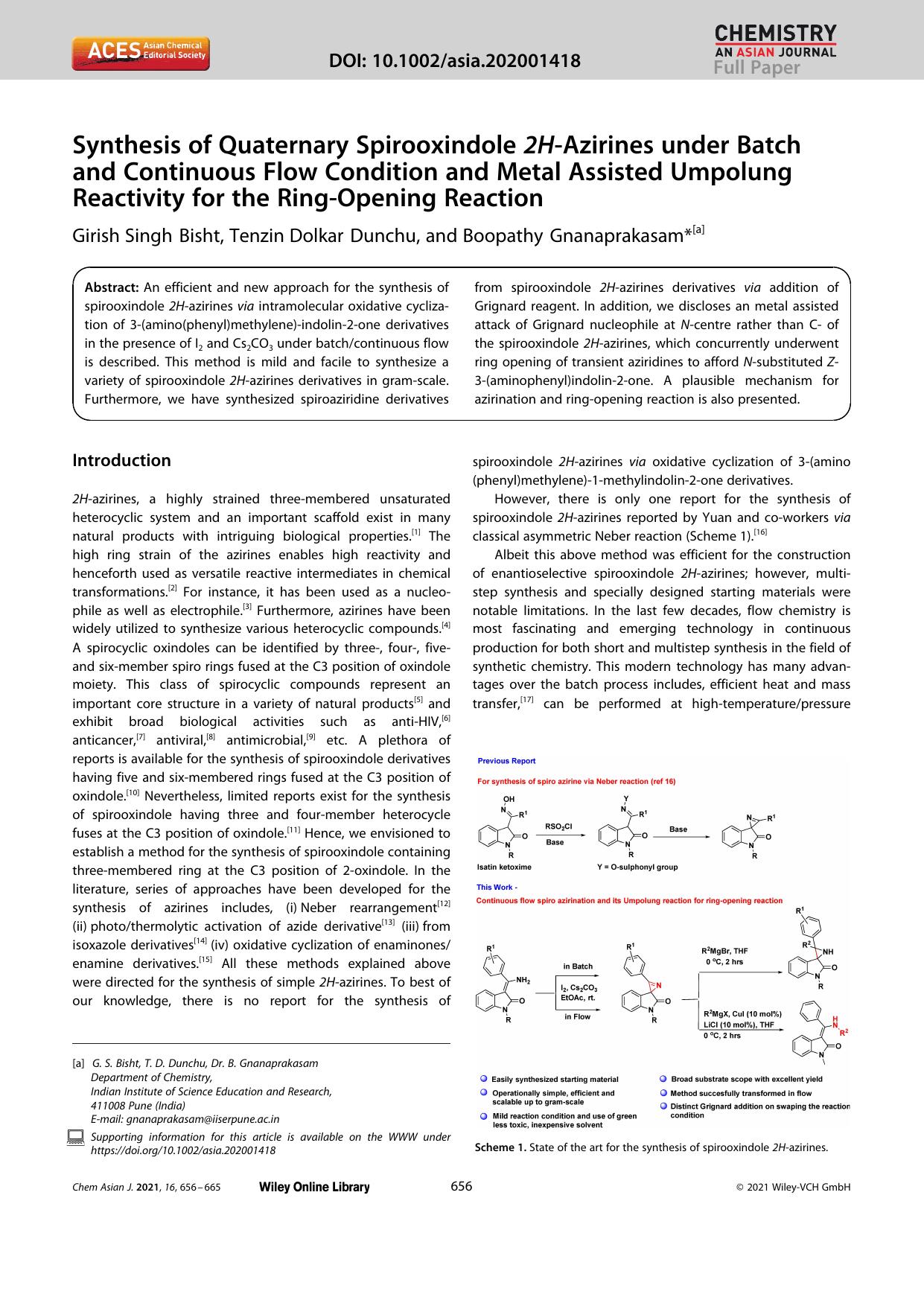 Synthesis of Quaternary Spirooxindole 2HâAzirines under Batch and Continuous Flow Condition and Metal Assisted Umpolung Reactivity for the RingâOpening Reaction by Unknown