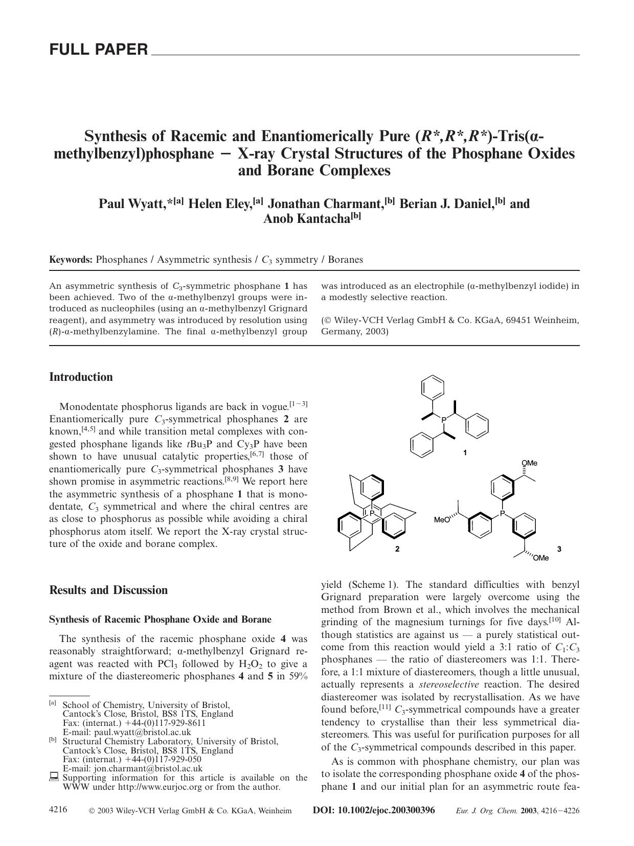 Synthesis of Racemic and Enantiomerically Pure (R*,R*,R*)-Tris([alpha]-methylbenzyl)phosphane - X-ray Crystal Structures of the Phosphane Oxides and Borane Complexes by Unknown