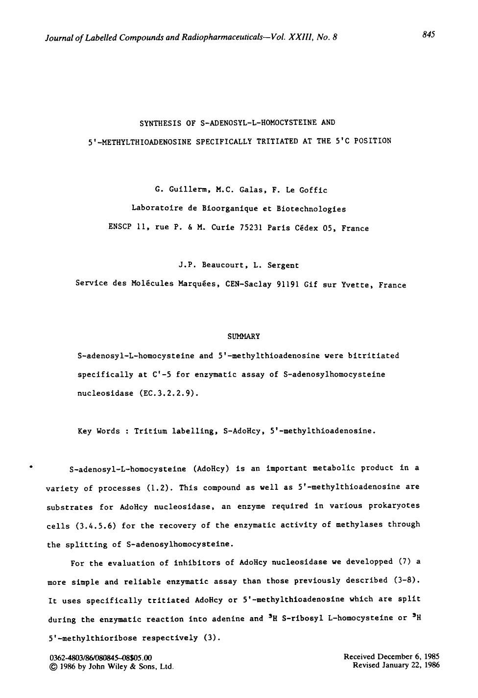 Synthesis of S-adenosyl-L-homocysteine and 5[prime]-methylthioadenosine specifically tritiated at the 5[prime]C position by Unknown