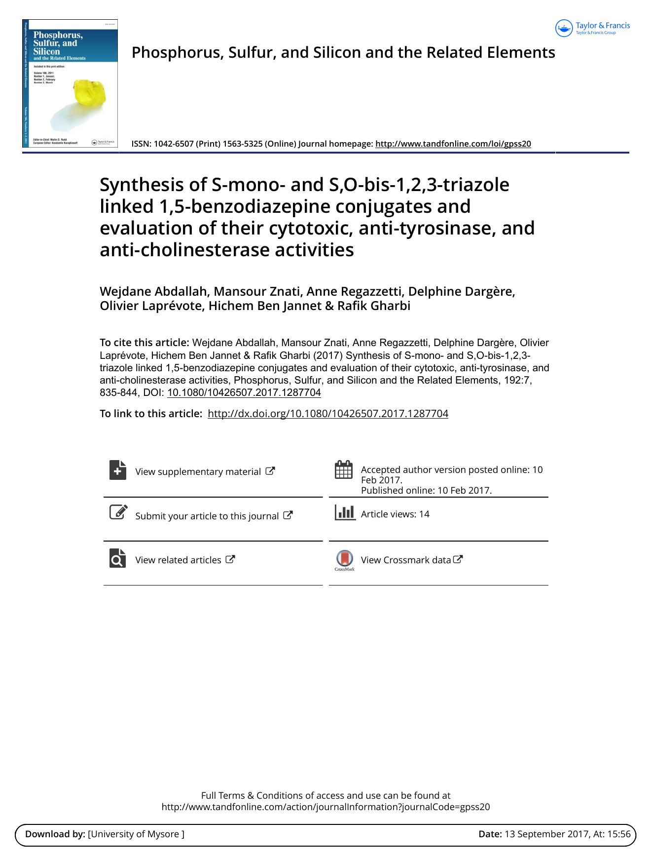 Synthesis of S-mono- and S-bis-1,2,3-triazole linked 1,5-benzodiazepine conjugates and evaluation of their cytotoxic, anti-tyrosinase, and anti-cholinesterase activities by unknow