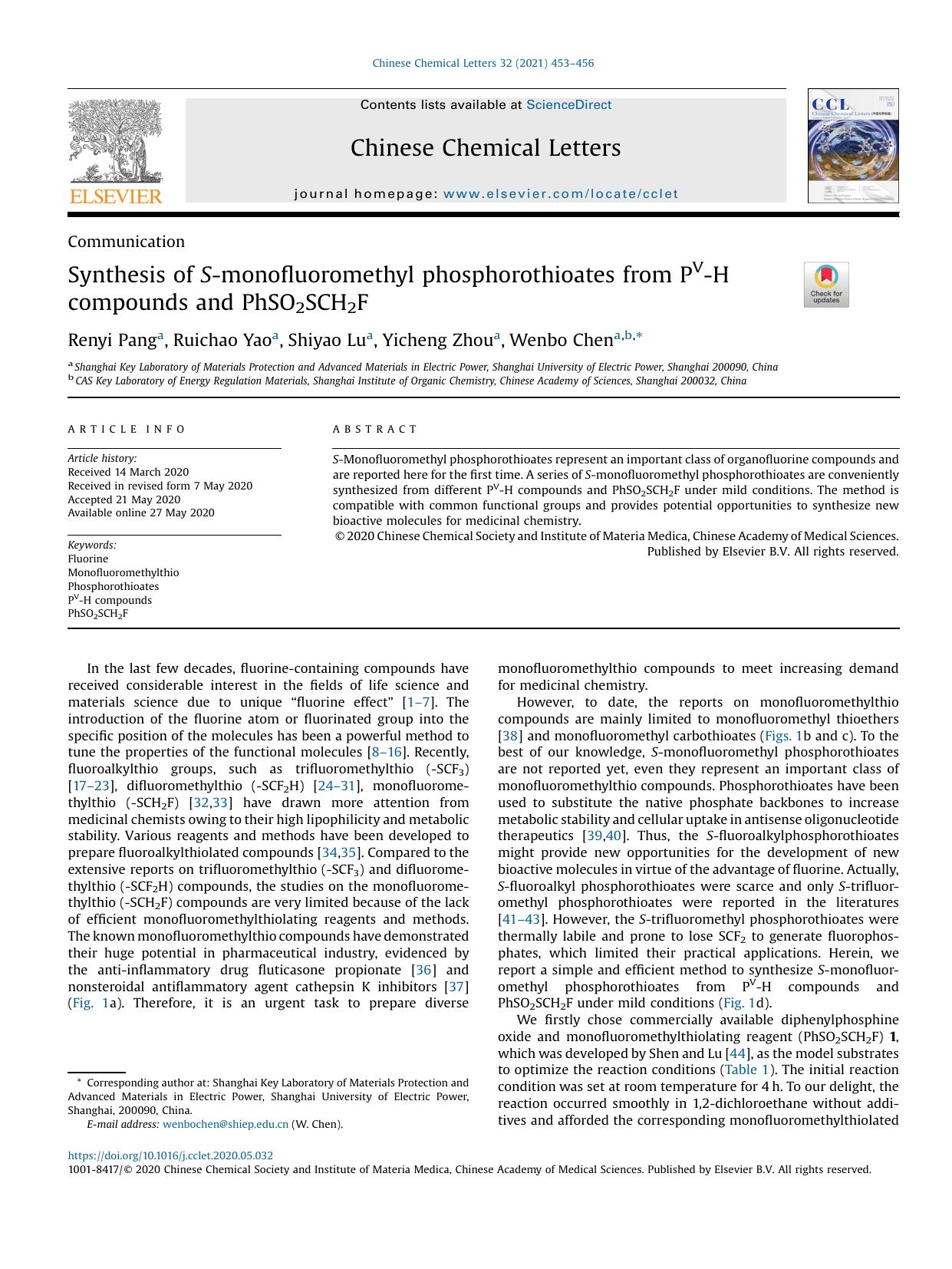 Synthesis of S-monofluoromethyl phosphorothioates from PV-H compounds and PhSO2SCH2F by Renyi Pang & Ruichao Yao & Shiyao Lu & Yicheng Zhou & Wenbo Chen