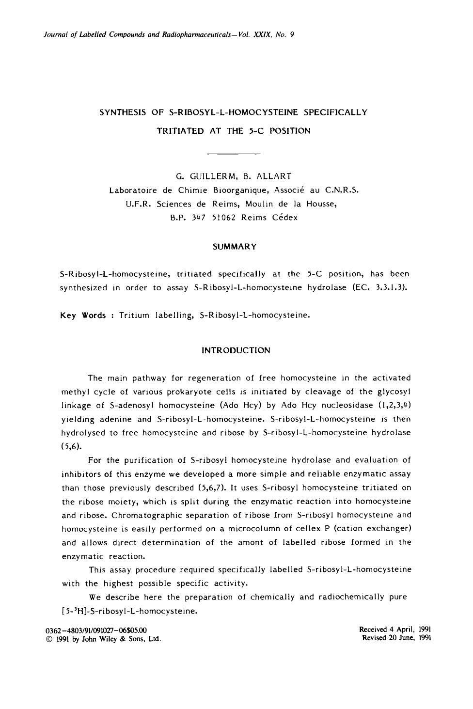 Synthesis of S-ribosyl-L-homocysteine specifically tritiated at the 5-C position by Unknown