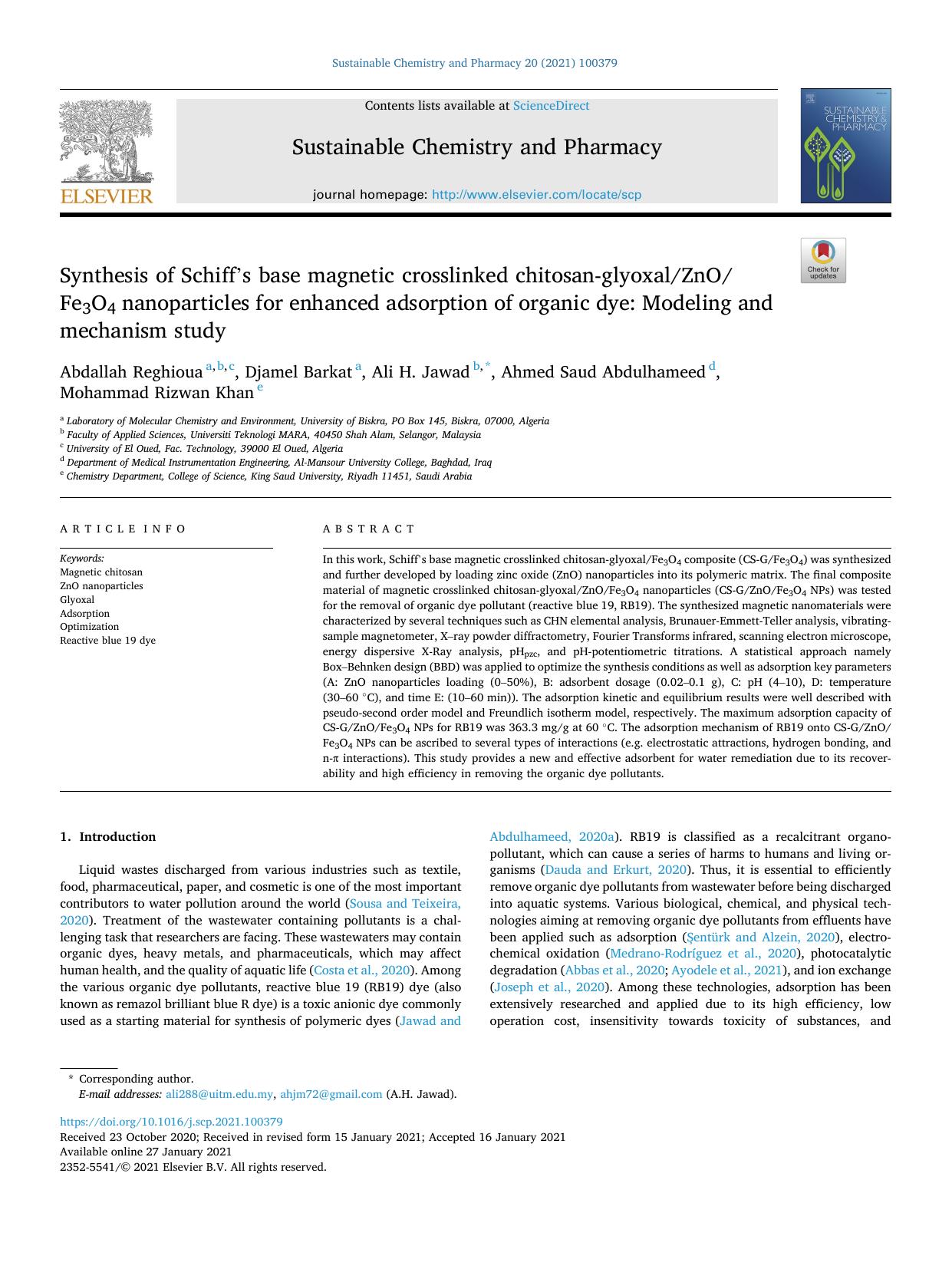 Synthesis of Schiff's base magnetic crosslinked chitosan-glyoxalZnOFe3O4 nanoparticles for enhanced adsorption of organic dye: Modeling and mechanism study by Abdallah Reghioua & Djamel Barkat & Ali H. Jawad & Ahmed Saud Abdulhameed & Mohammad Rizwan Khan