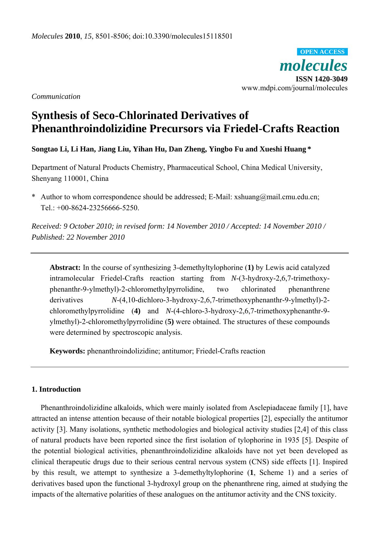 Synthesis of Seco-Chlorinated Derivatives of Phenanthroindolizidine Precursors via Friedel-Crafts Reaction by Songtao Li & Li Han & Jiang Liu & Yihan Hu & Dan Zheng & Yingbo Fu and Xueshi Huang