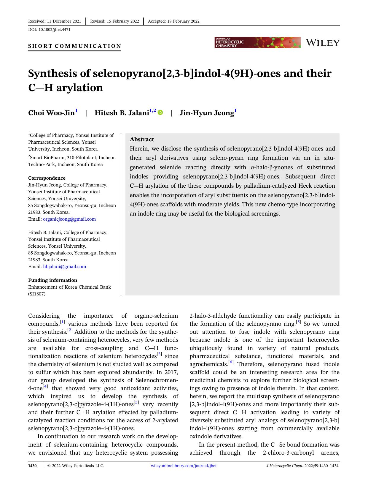 Synthesis of Selenopyrano[2,3-b]indol-4(9H)-ones and Their C-H Arylation by Unknown