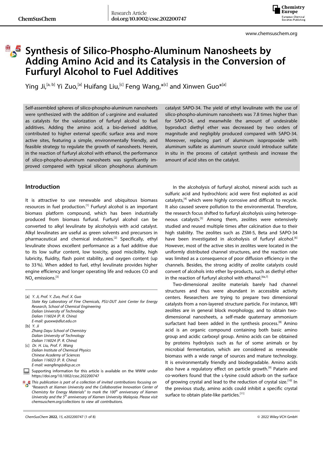 Synthesis of SilicoâPhosphoâAluminum Nanosheets by Adding Amino Acid and its Catalysis in the Conversion of Furfuryl Alcohol to Fuel Additives by Unknown