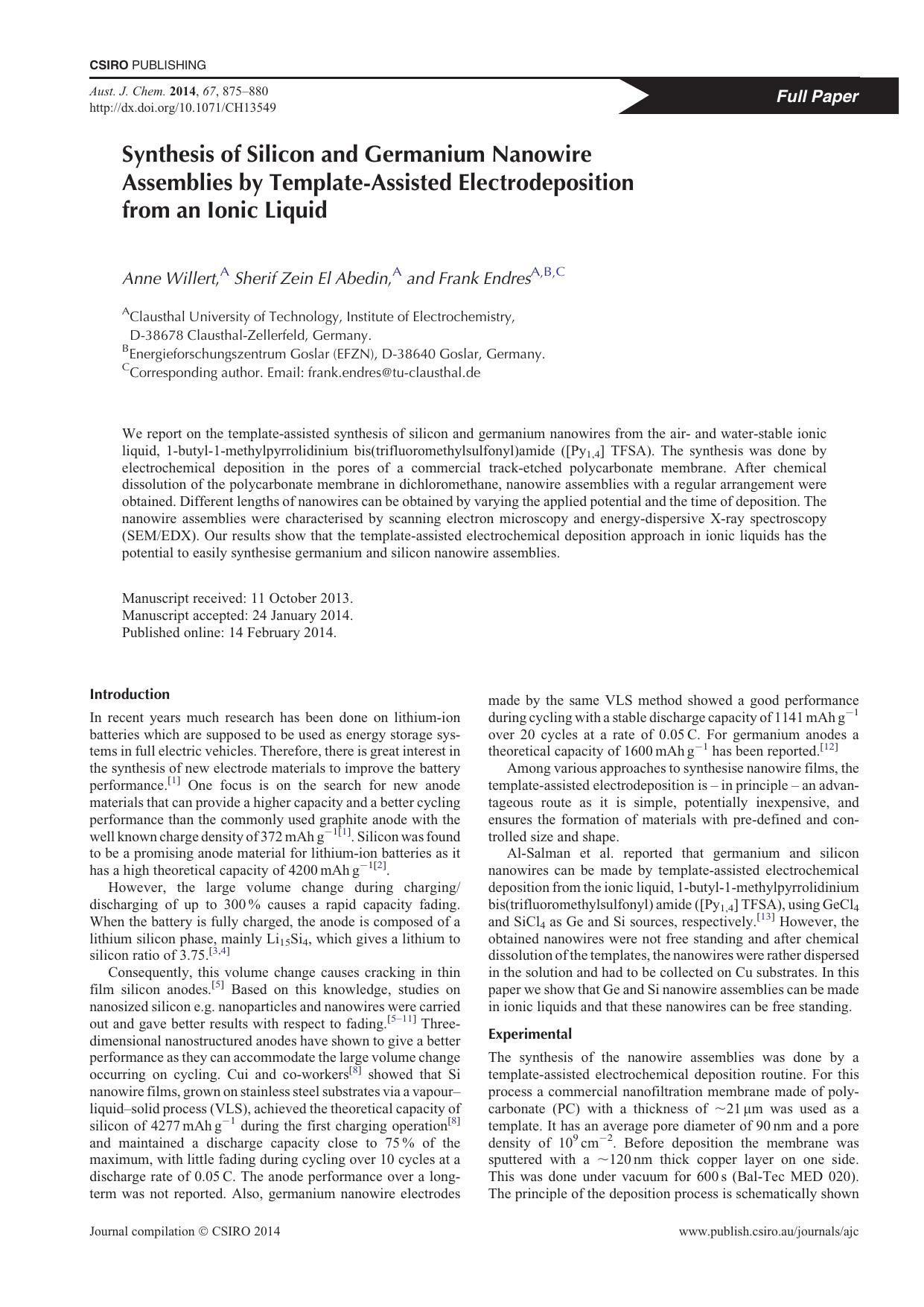Synthesis of Silicon and Germanium Nanowire Assemblies by Template-Assisted Electrodeposition from an Ionic Liquid by A. Willert & S. Z. El Abedin & and F. Endres