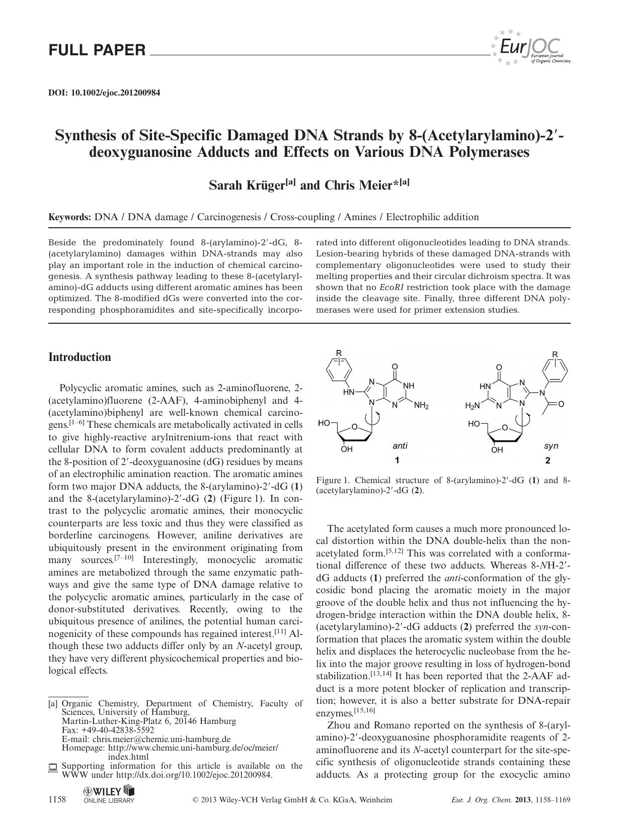 Synthesis of SiteSpecific Damaged DNA Strands by 8(Acetylarylamino)2deoxyguanosine Adducts and Effects on Various DNA Polymerases by Unknown