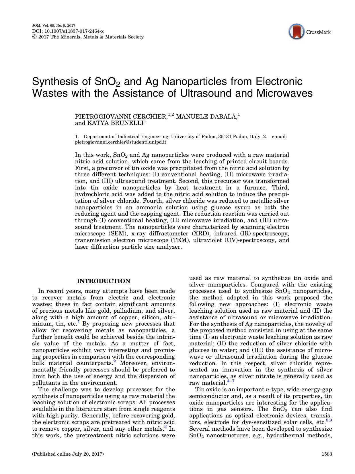 Synthesis of SnO2 and Ag Nanoparticles from Electronic Wastes with the Assistance of Ultrasound and Microwaves by Pietrogiovanni Cerchier & Manuele Dabalà & Katya Brunelli