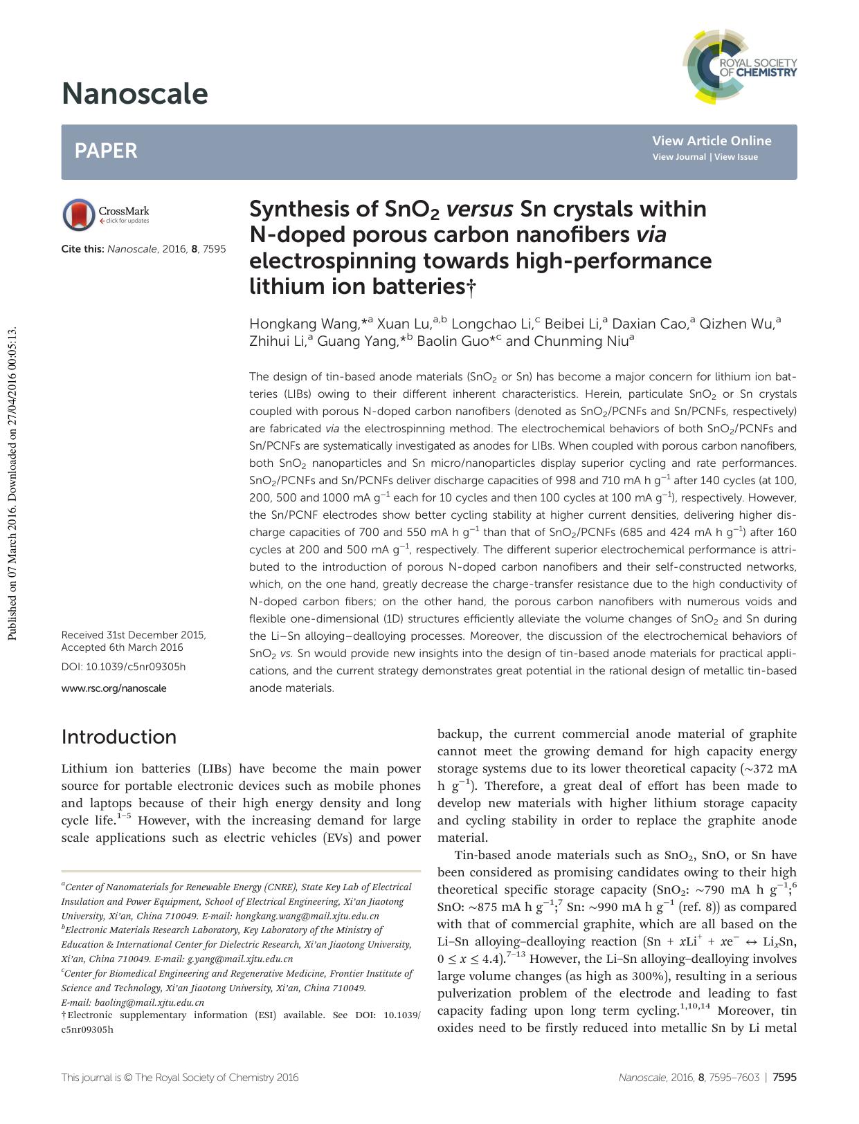 Synthesis of SnO2 versus Sn crystals within N-doped porous carbon nanofibers via electrospinning towards high-performance lithium ion batteries by unknow