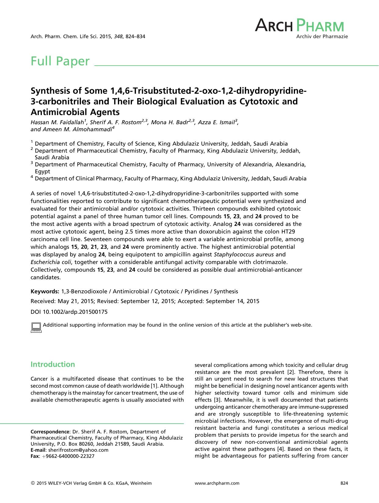Synthesis of Some 1,4,6-Trisubstituted-2-oxo-1,2-dihydropyridine-3-carbonitriles and Their Biological Evaluation as Cytotoxic and Antimicrobial Agents by Unknown