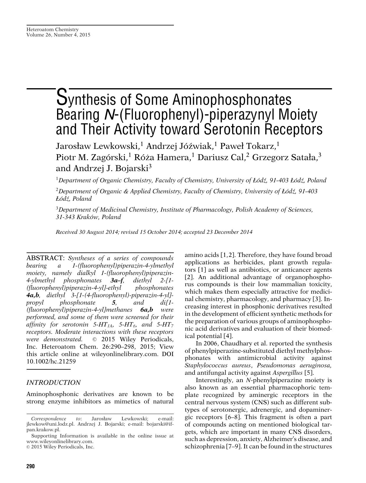 Synthesis of Some Aminophosphonates Bearing <i>N<i>&#x02010;(Fluorophenyl)&#x02010;piperazynyl by Unknown