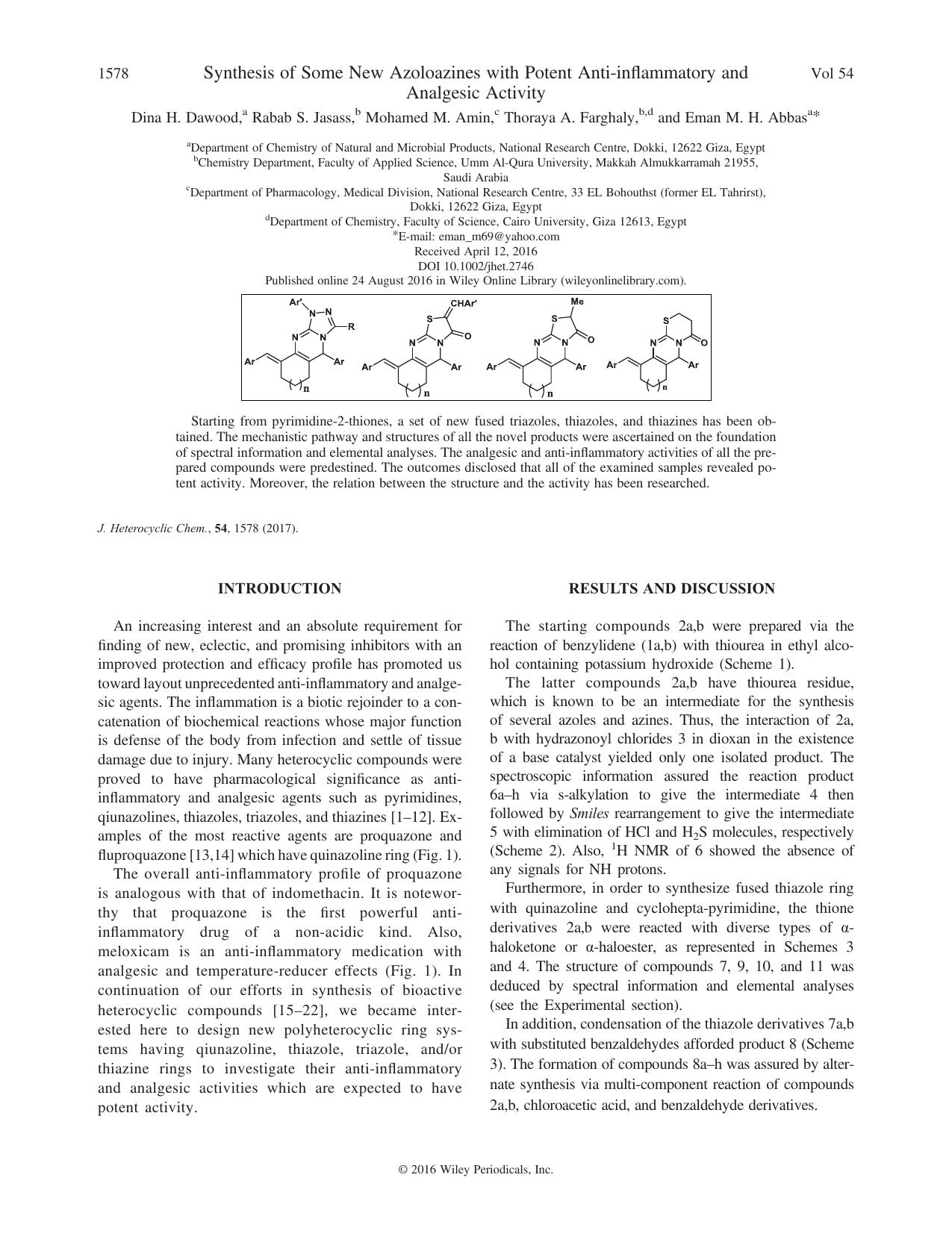 Synthesis of Some New Azoloazines with Potent Anti-inflammatory and Analgesic Activity by Dina H. Dawood & Rabab S. Jasass & Mohamed M. Amin & Thoraya A. Farghaly & Eman M. H. Abbas