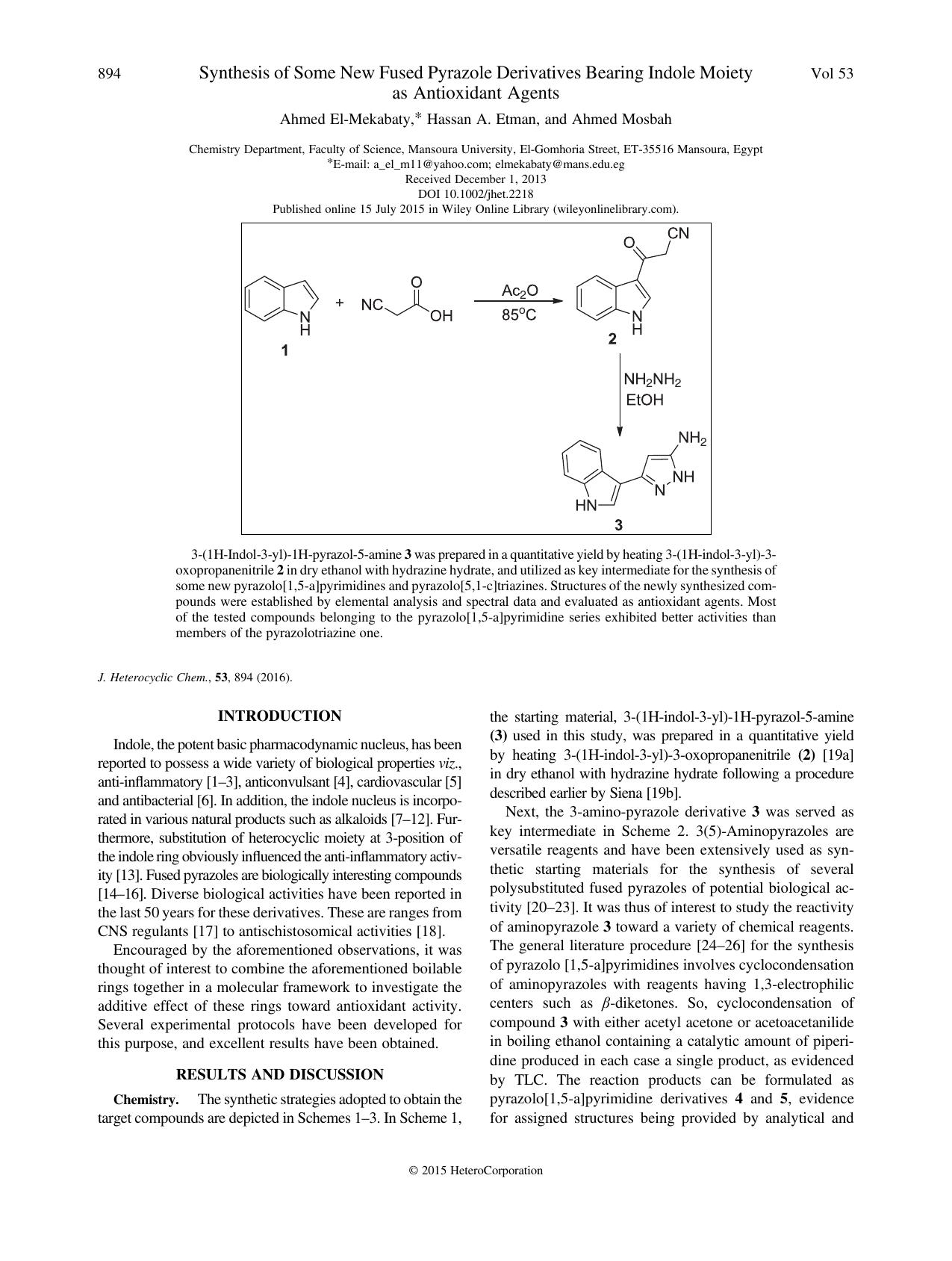 Synthesis of Some New Fused Pyrazole Derivatives Bearing Indole Moiety as Antioxidant Agents by Ahmed El-Mekabaty Hassan A. Etman Ahmed Mosbah