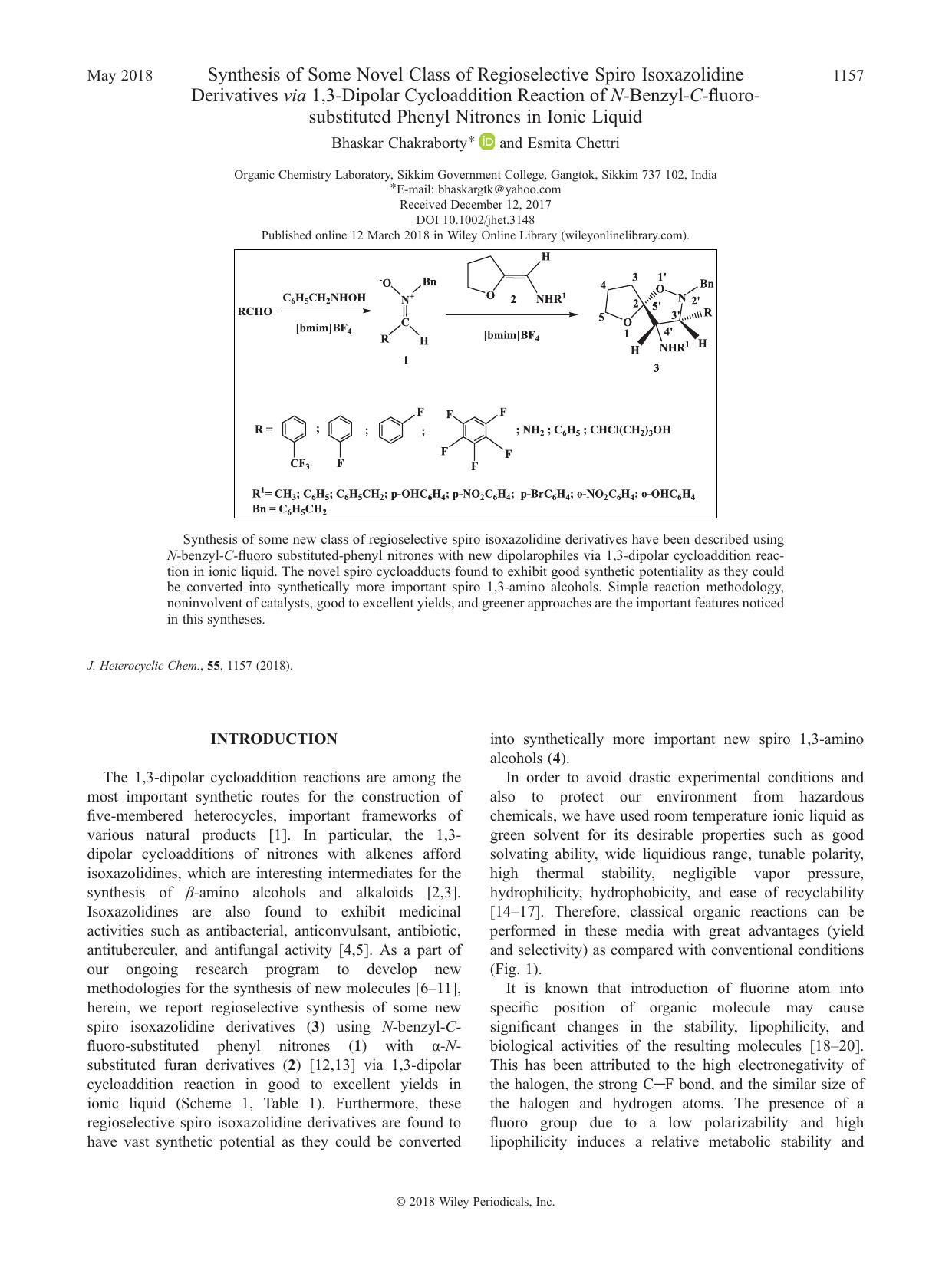 Synthesis of Some Novel Class of Regioselective Spiro Isoxazolidine Derivatives via 1,3-Dipolar Cycloaddition Reaction of N-Benzyl-C-fluoro-substituted Phenyl Nitrones in Ionic Liquid by Bhaskar Chakraborty & Esmita Chettri