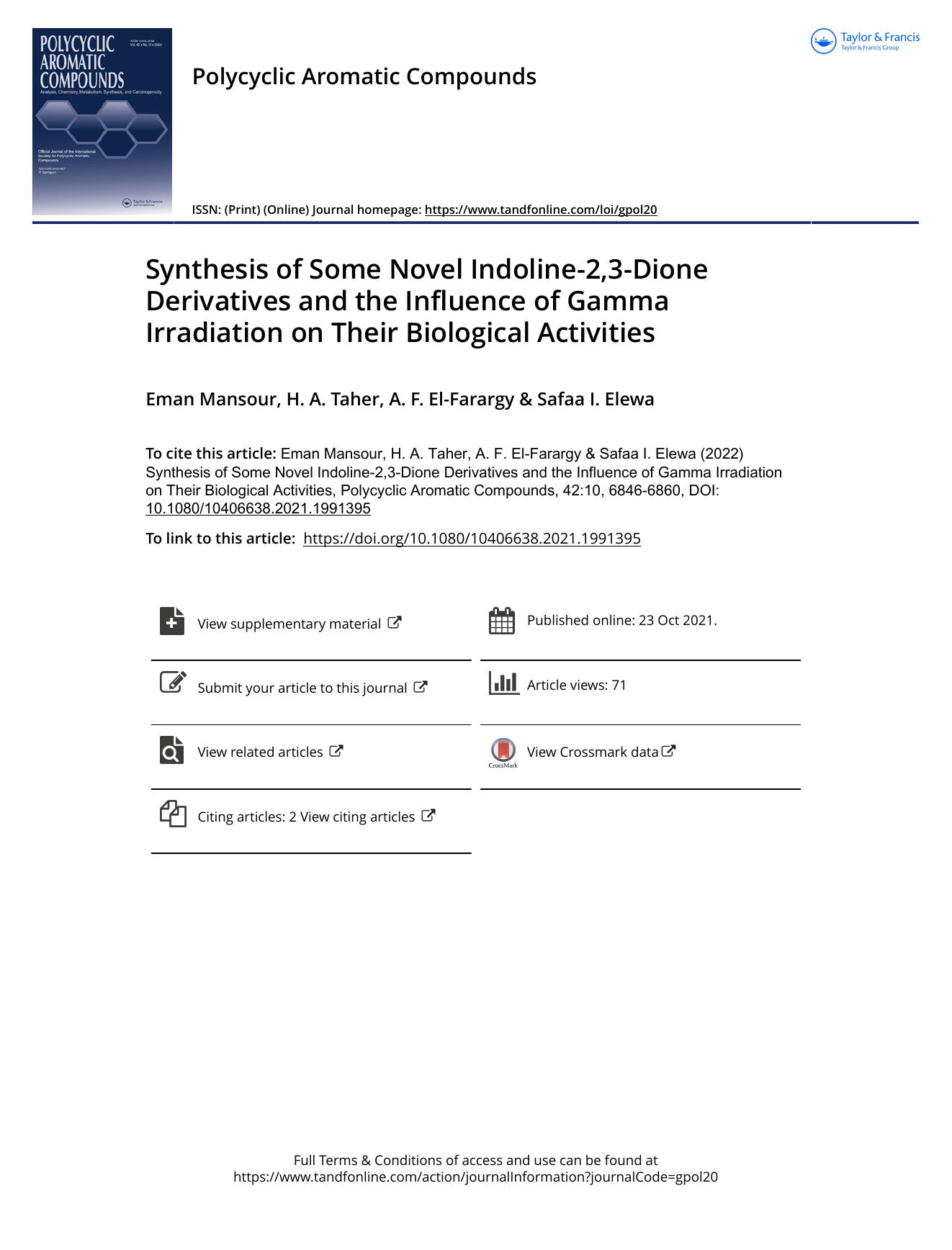 Synthesis of Some Novel Indoline-2,3-Dione Derivatives and the Influence of Gamma Irradiation on Their Biological Activities by Mansour Eman & Taher H. A. & El-Farargy A. F. & Elewa Safaa I