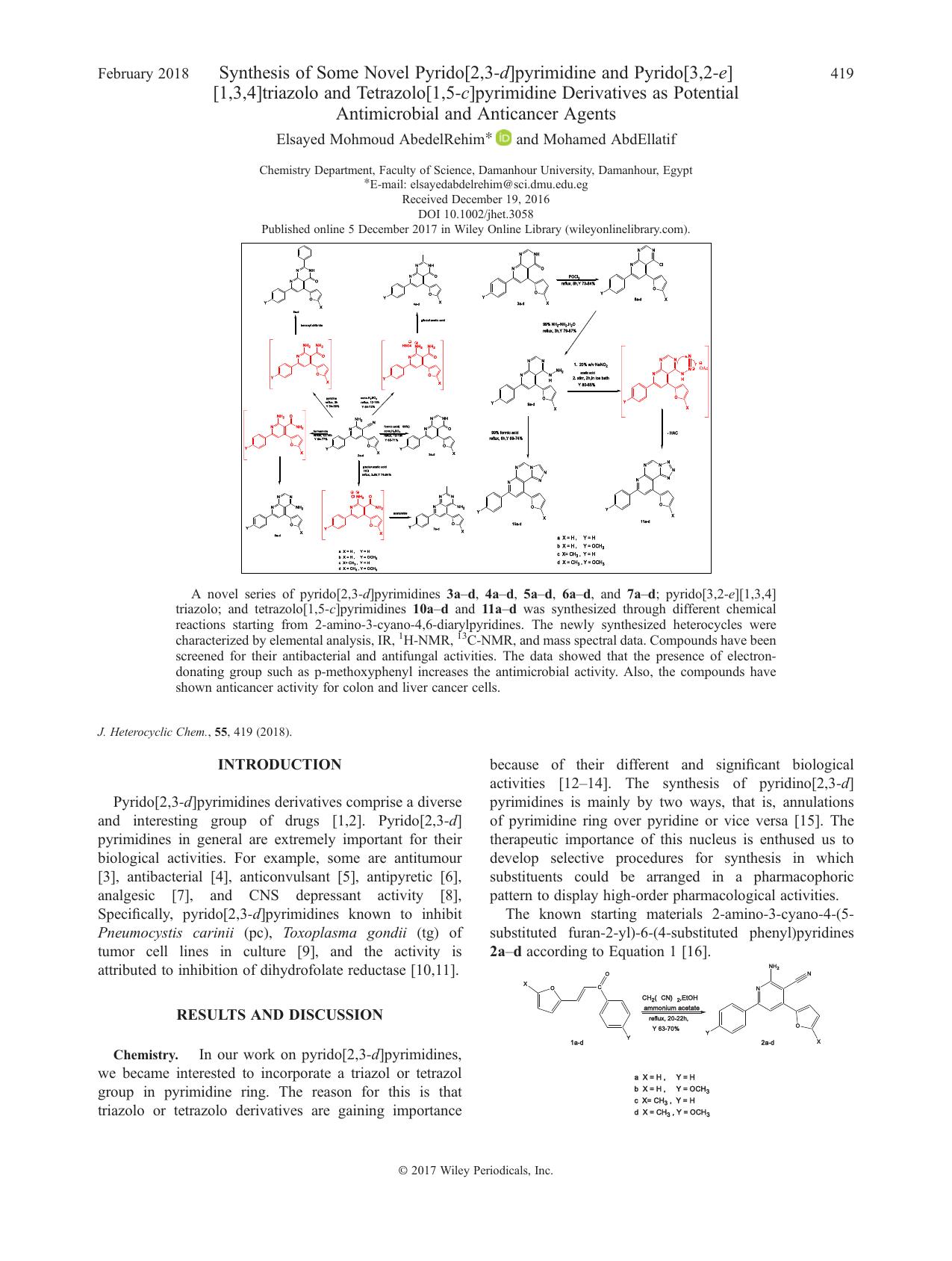 Synthesis of Some Novel Pyrido[2,3-d]pyrimidine and Pyrido[3,2-e][1,3,4]triazolo and Tetrazolo[1,5-c]pyrimidine Derivatives as Potential Antimicrobial and Anticancer Agents by Elsayed Mohmoud AbedelRehim & Mohamed AbdEllatif