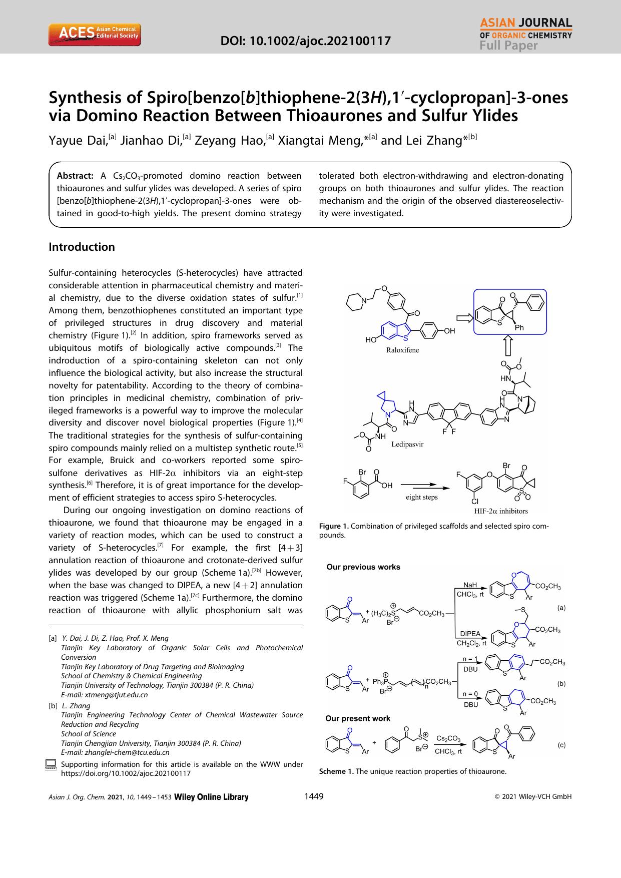 Synthesis of Spiro[benzo[b]thiopheneâ2(3H),1â²âcyclopropan]â3âones via Domino Reaction Between Thioaurones and Sulfur Ylides by Unknown