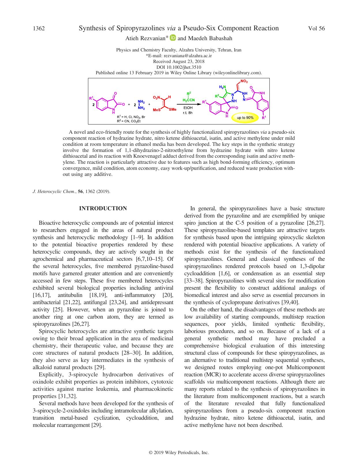 Synthesis of Spiropyrazolines via a Pseudo-Six Component Reaction by Atieh Rezvanian & Maedeh Babashah