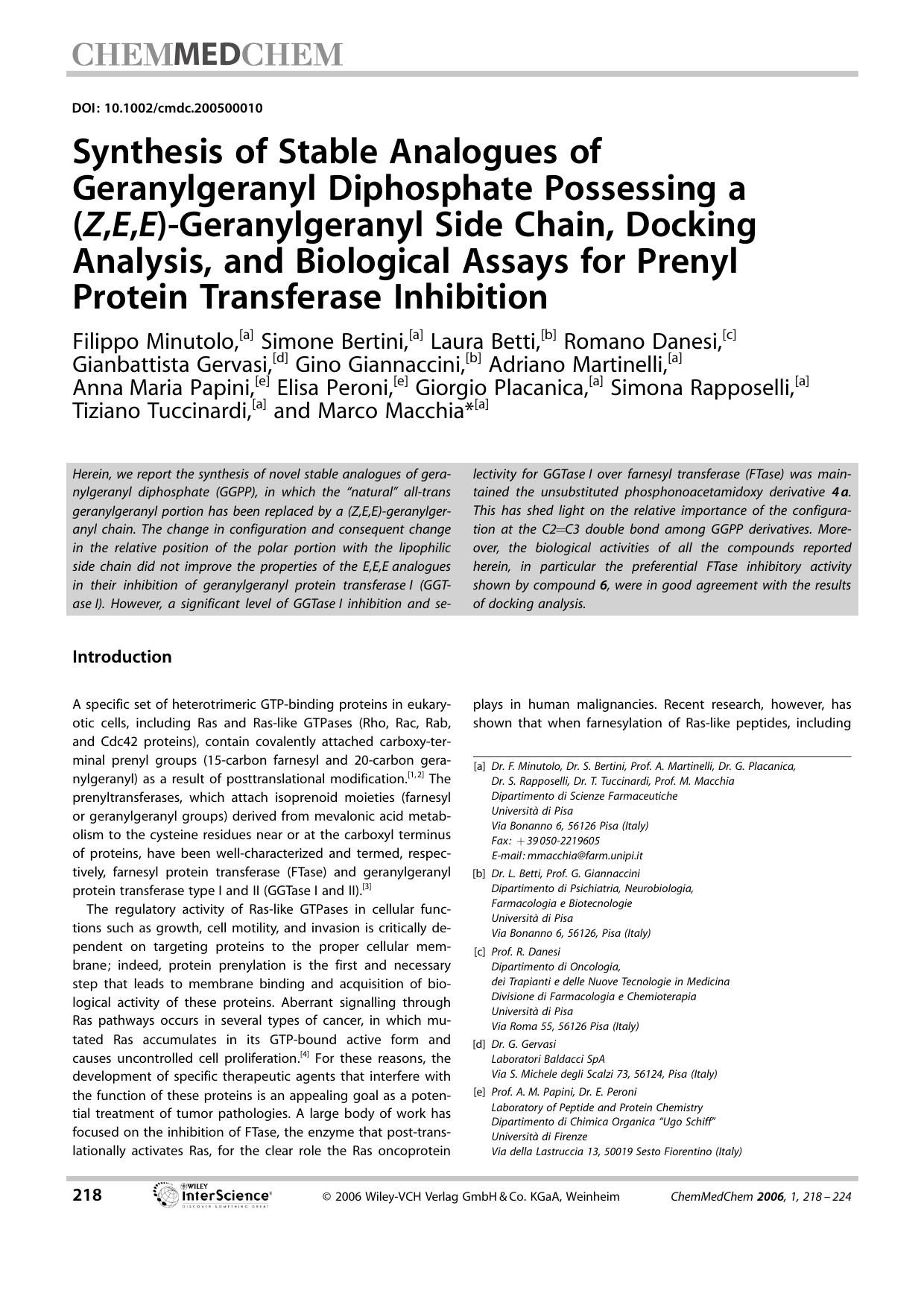 Synthesis of Stable Analogues of Geranylgeranyl Diphosphate Possessing a (Z,E,E)-Geranylgeranyl Side Chain, Docking Analysis, and Biological Assays for Prenyl Protein Transferase Inhibition by Unknown