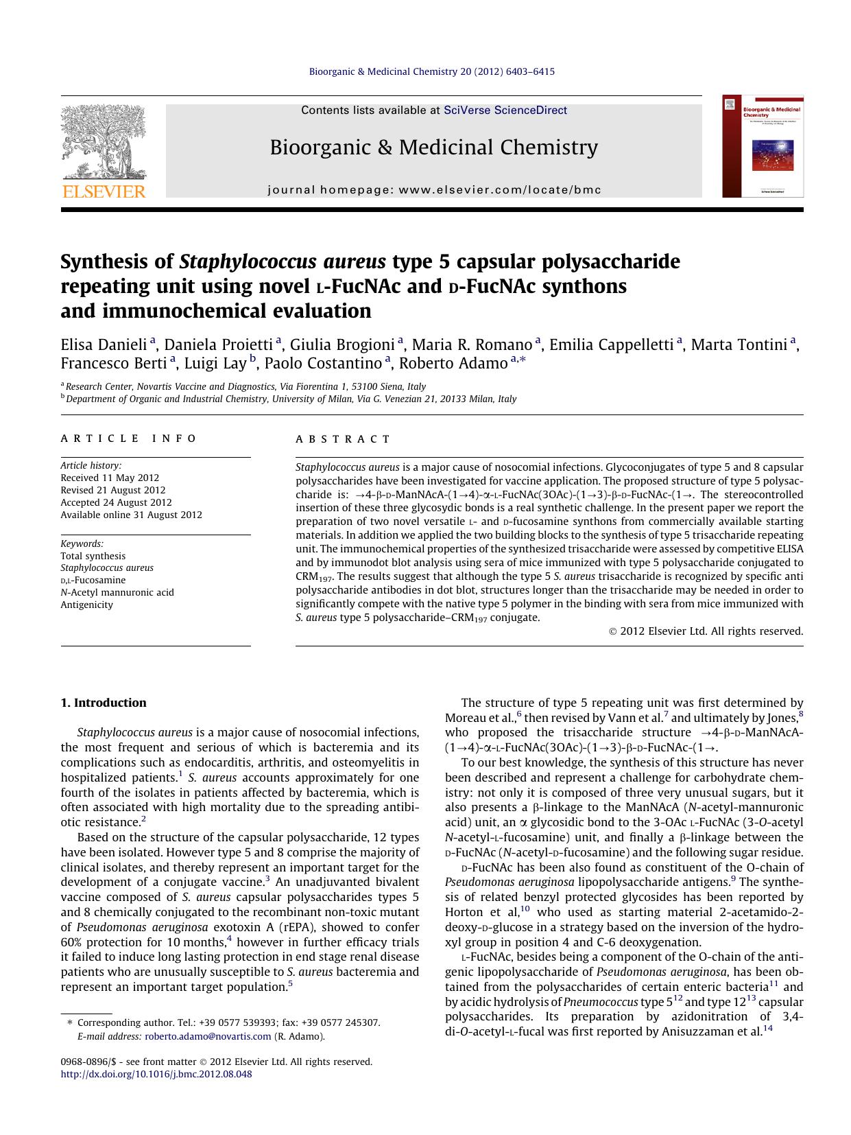 Synthesis of Staphylococcus aureus type 5 capsular polysaccharide repeating unit using novel l-FucNAc and d-FucNAc synthons and immunochemical evaluation by unknow