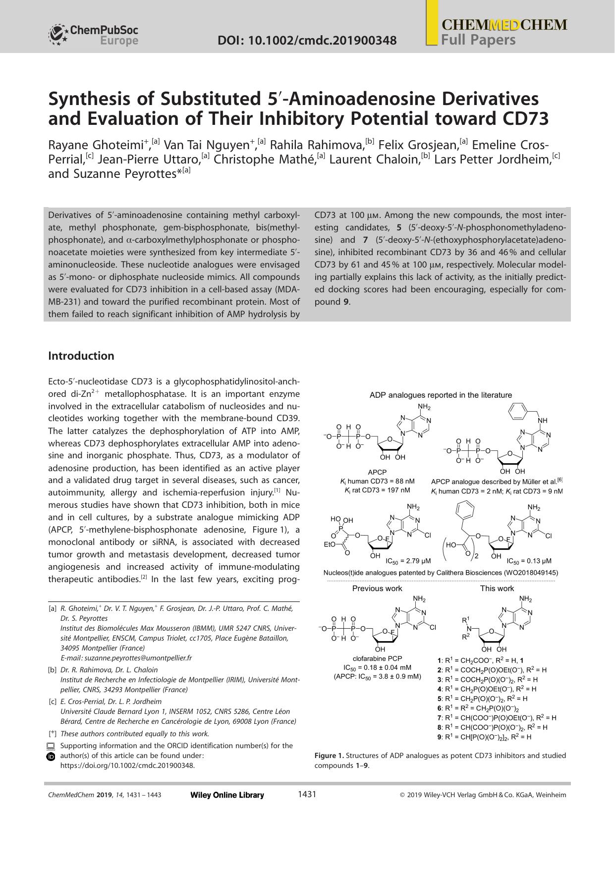 Synthesis of Substituted 5â²âAminoadenosine Derivatives and Evaluation of Their Inhibitory Potential toward CD73 by Unknown