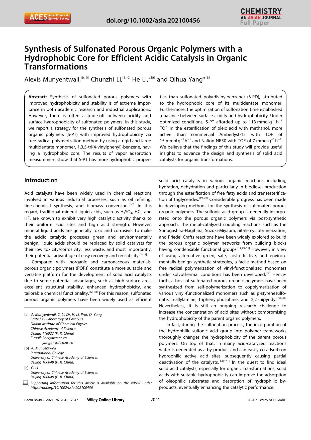 Synthesis of Sulfonated Porous Organic Polymers with a Hydrophobic Core for Efficient Acidic Catalysis in Organic Transformations by Unknown
