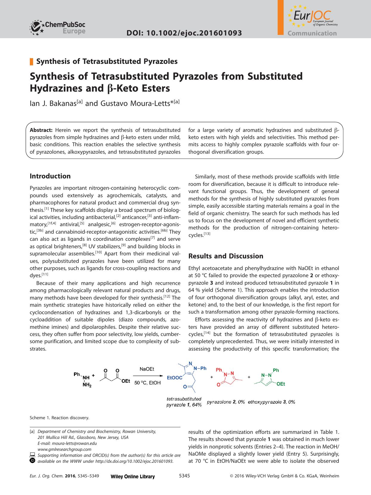 Synthesis of Tetrasubstituted Pyrazoles from Substituted Hydrazines and &#x003B2;&#x02010;Keto Esters by Unknown