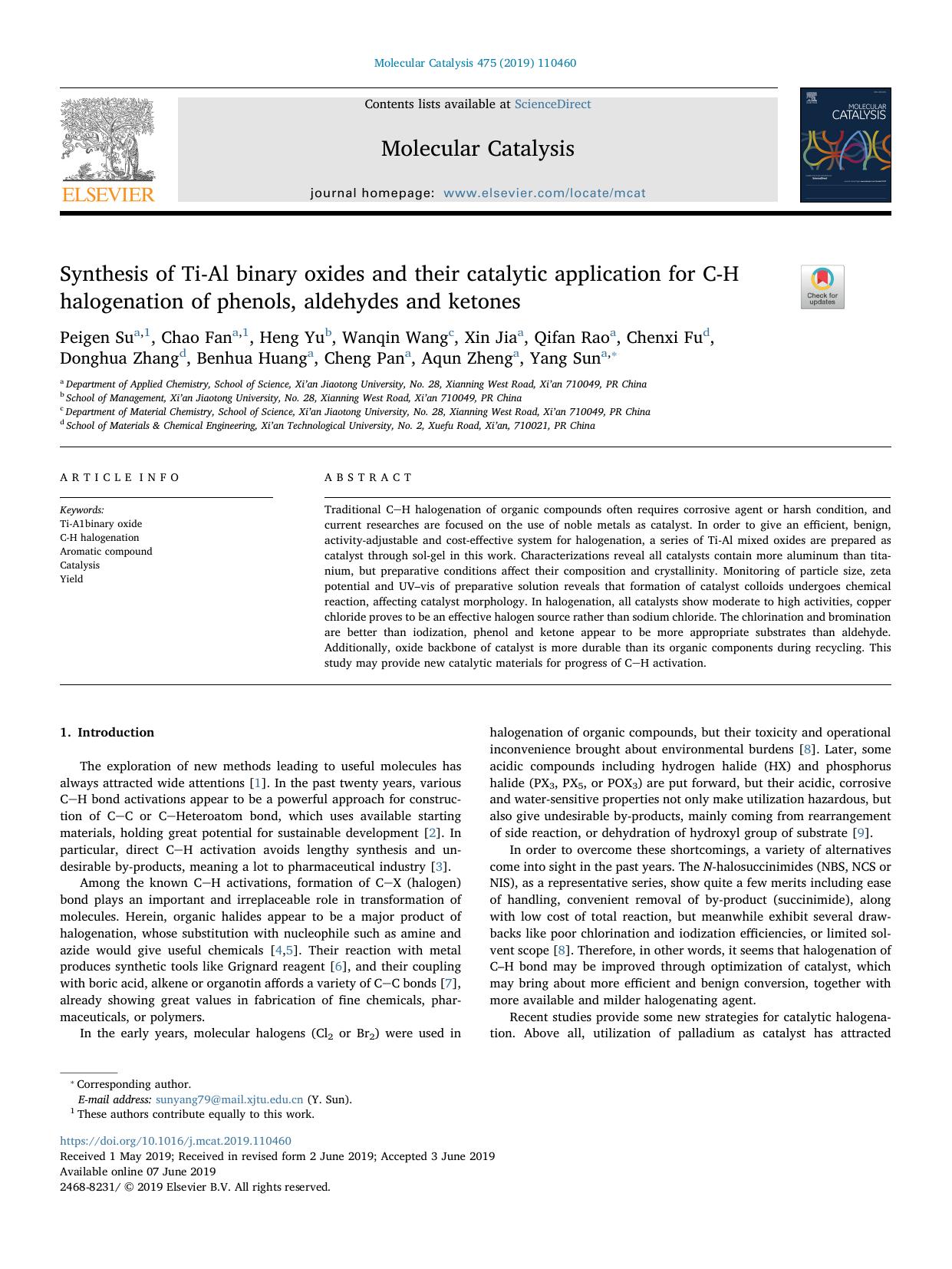 Synthesis of Ti-Al binary oxides and their catalytic application for C-H halogenation of phenols, aldehydes and ketones by unknow
