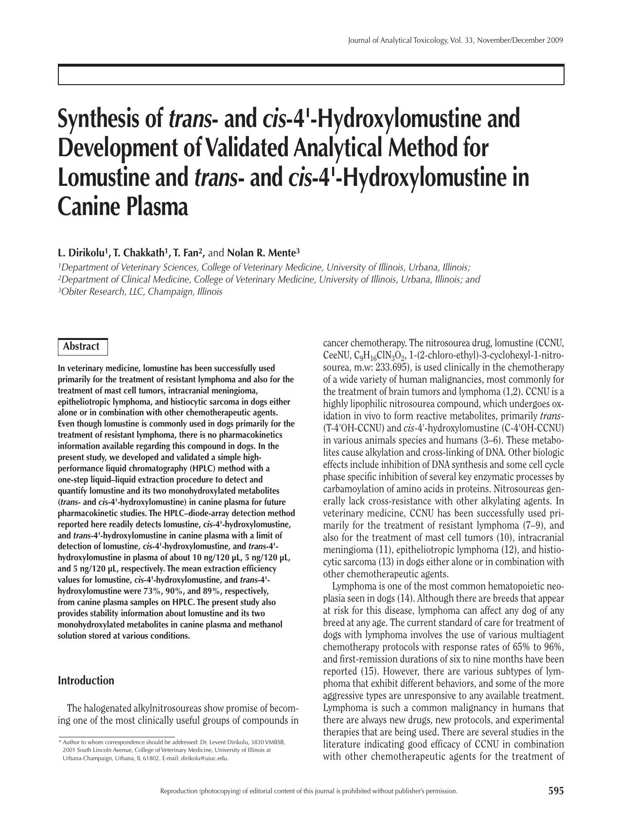 Synthesis of Trans- and Cis-4'-Hydroxylomustine and Development by L. Dirikolu