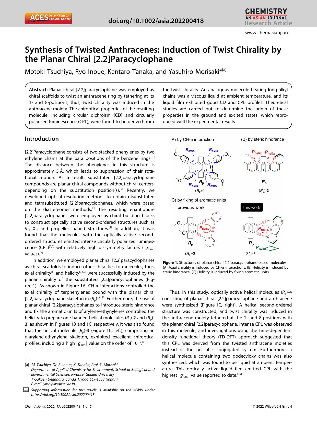Synthesis of Twisted Anthracenes: Induction of Twist Chirality by the Planar Chiral [2.2]Paracyclophane by Unknown