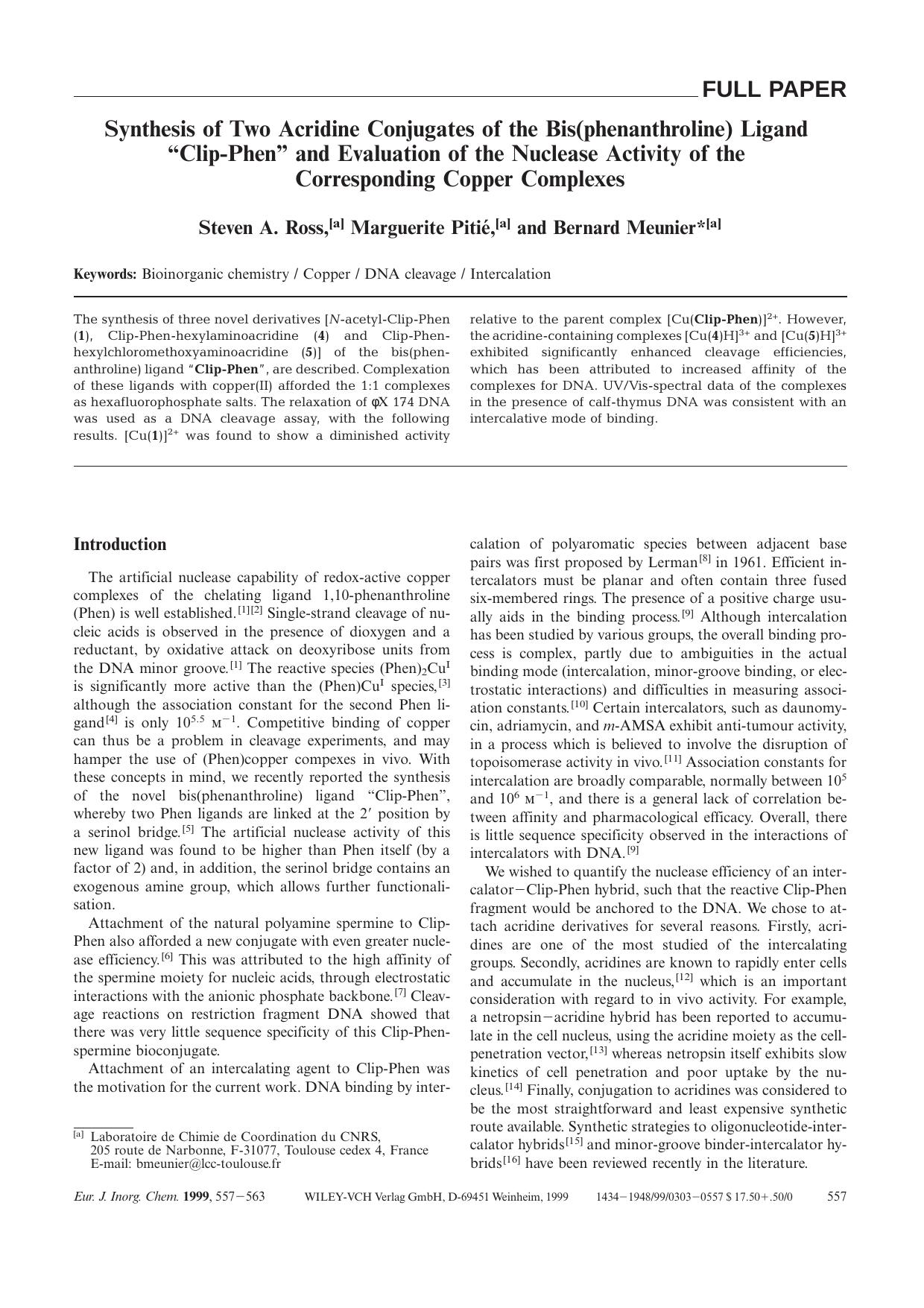 Synthesis of Two Acridine Conjugates of the Bis(phenanthroline) Ligand "Clip-Phen" and Evaluation of the Nuclease Activity of the Corresponding Copper Complexes by Unknown