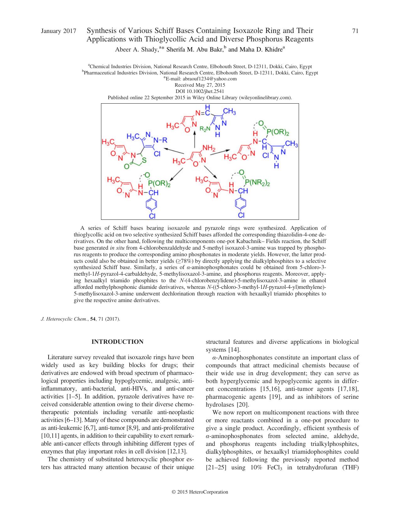 Synthesis of Various Schiff Bases Containing Isoxazole Ring and Their Applications with Thioglycollic Acid and Diverse Phosphorus Reagents by Abeer A. Shady Sherifa M. Abu Bakr Maha D. Khidre