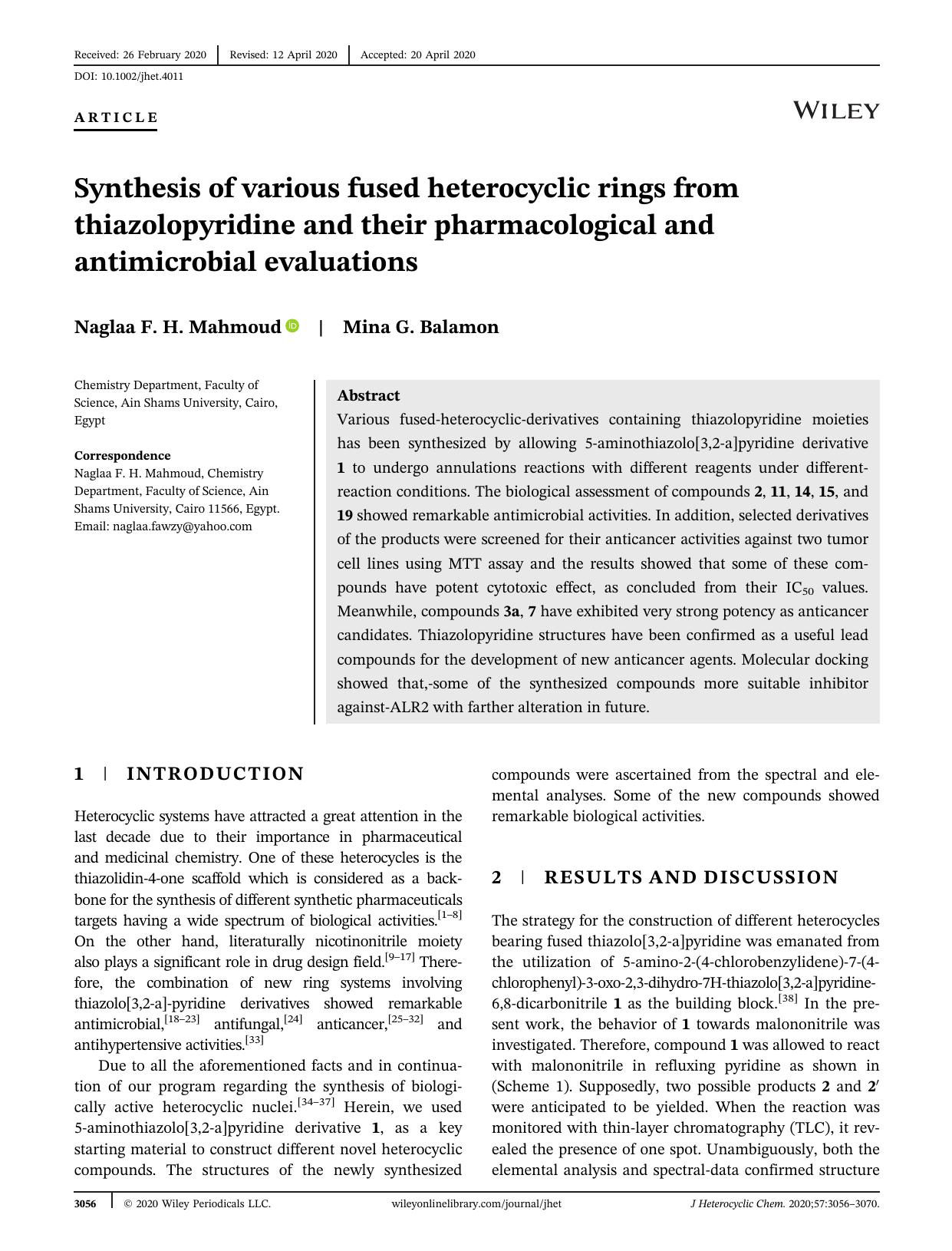 Synthesis of Various-Fused Heterocyclic Rings From-Thiazolopyridine and-Their Pharmacological-and anti-microbial-Evaluation by Unknown