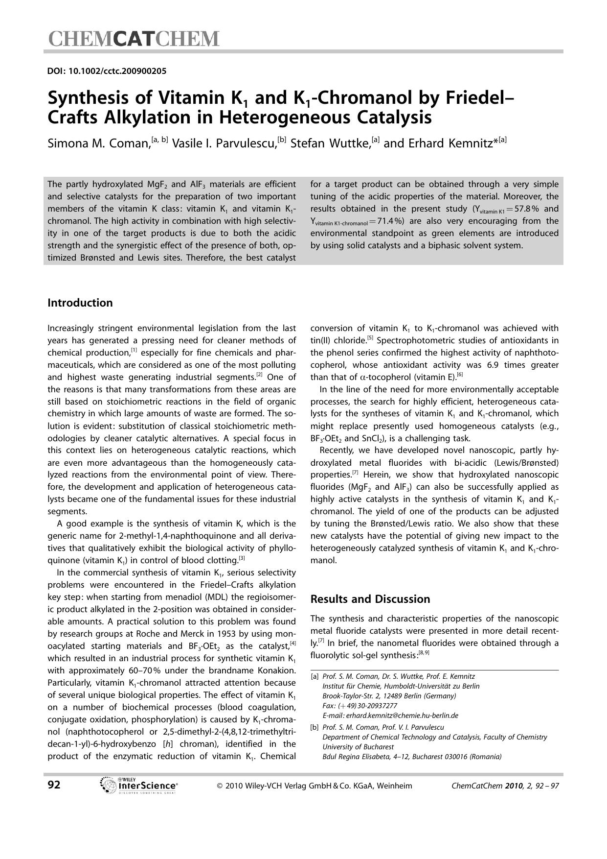 Synthesis of Vitamin K1 and K1-Chromanol by Friedel-Crafts Alkylation in Heterogeneous Catalysis by Unknown