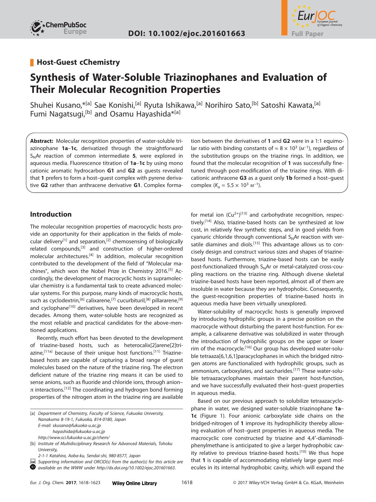 Synthesis of Water&#x02010;Soluble Triazinophanes and Evaluation of Their Molecular Recognition Properties by Unknown